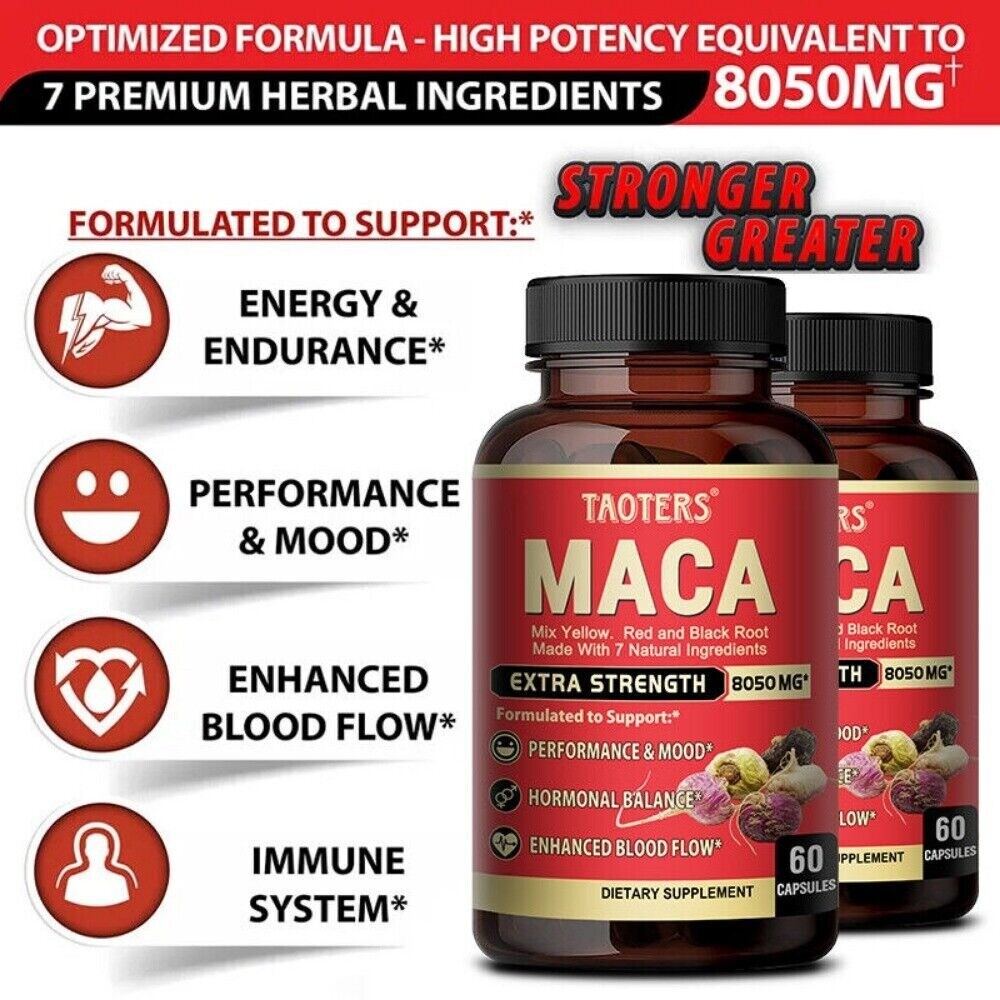 Maca Capsules 8050mg | 60 Caps | Red, Yellow, Black Maca | Ginseng, Tribulus