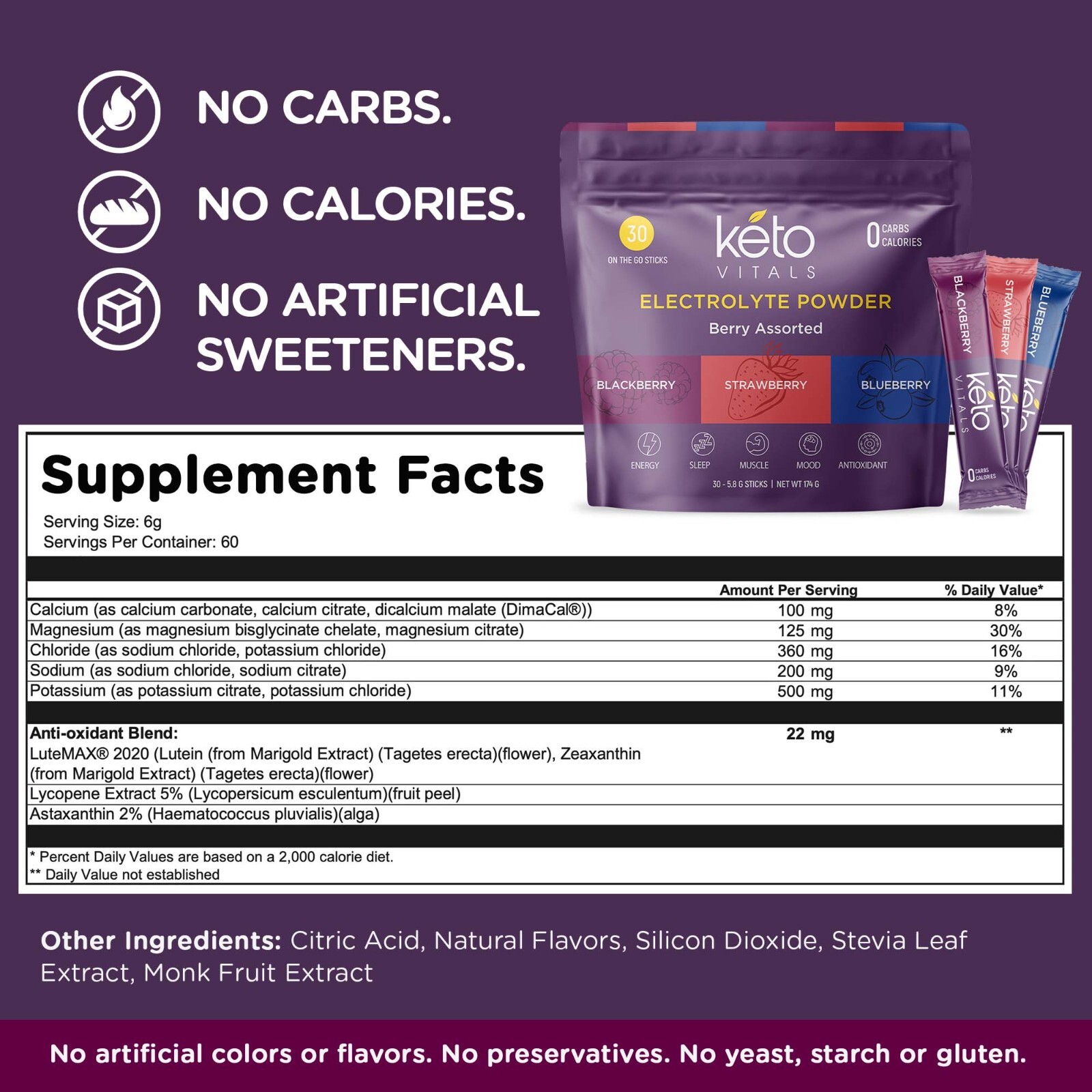 Keto Vitals Berry Antioxidant Electrolyte Powder Stick Packs – 30 CT