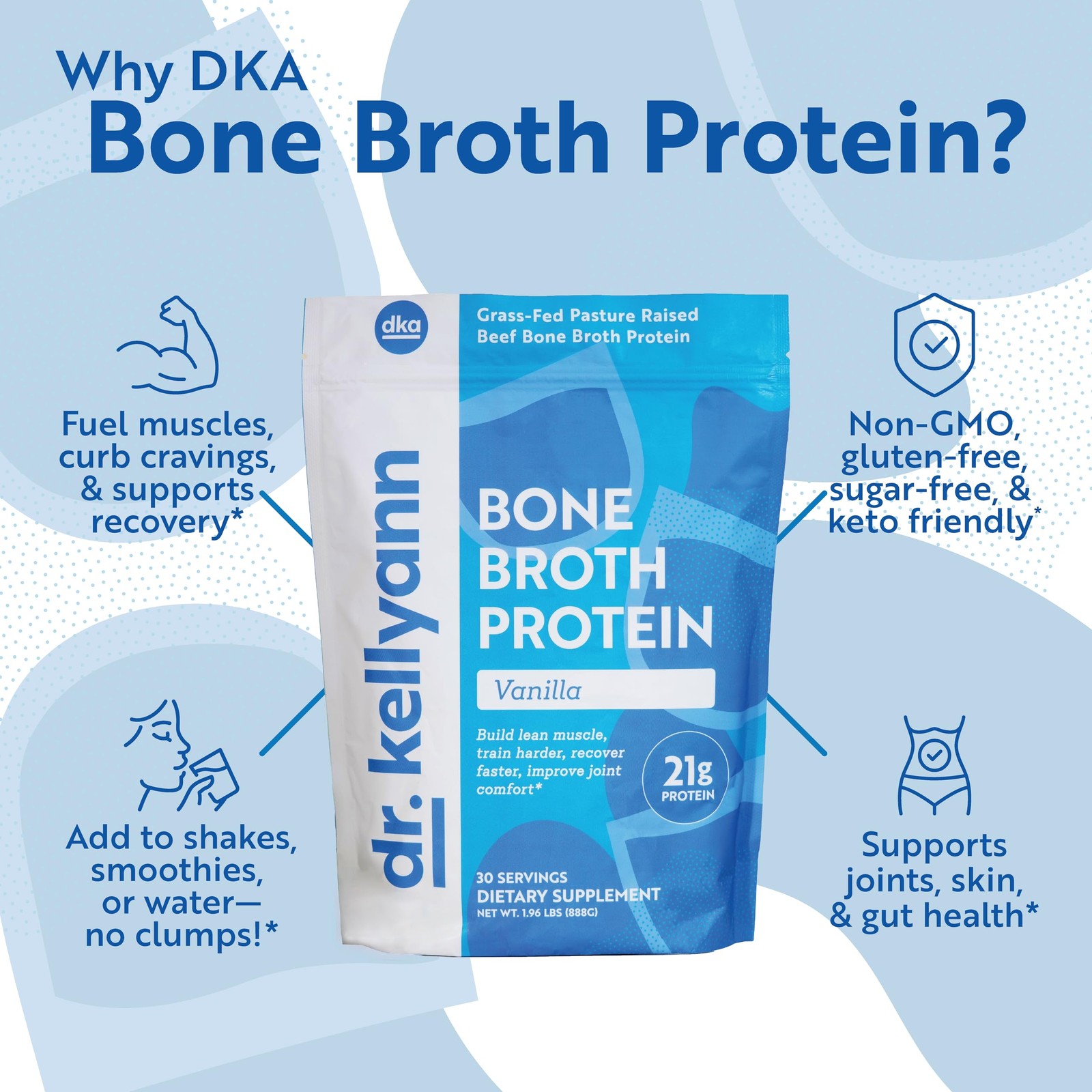Dr. Kellyann Bone Broth Protein Powder Vanilla (30 Servings) – 21g Protein, Gras