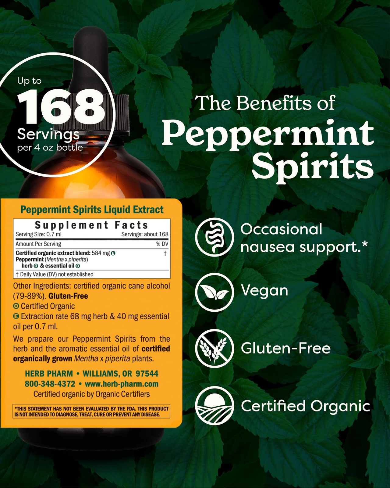 Herb Pharm Certified Organic Peppermint Spirits Liquid Extract Digestive Support