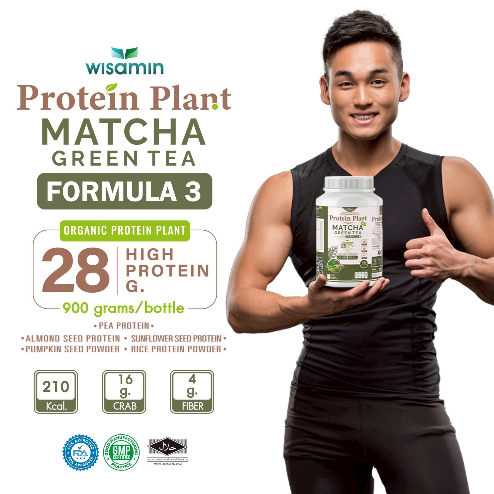 WISAMIN Plant Protein Matcha Flavor F3 | 900g 2LB | Organic, Gluten-Free Non-GMO