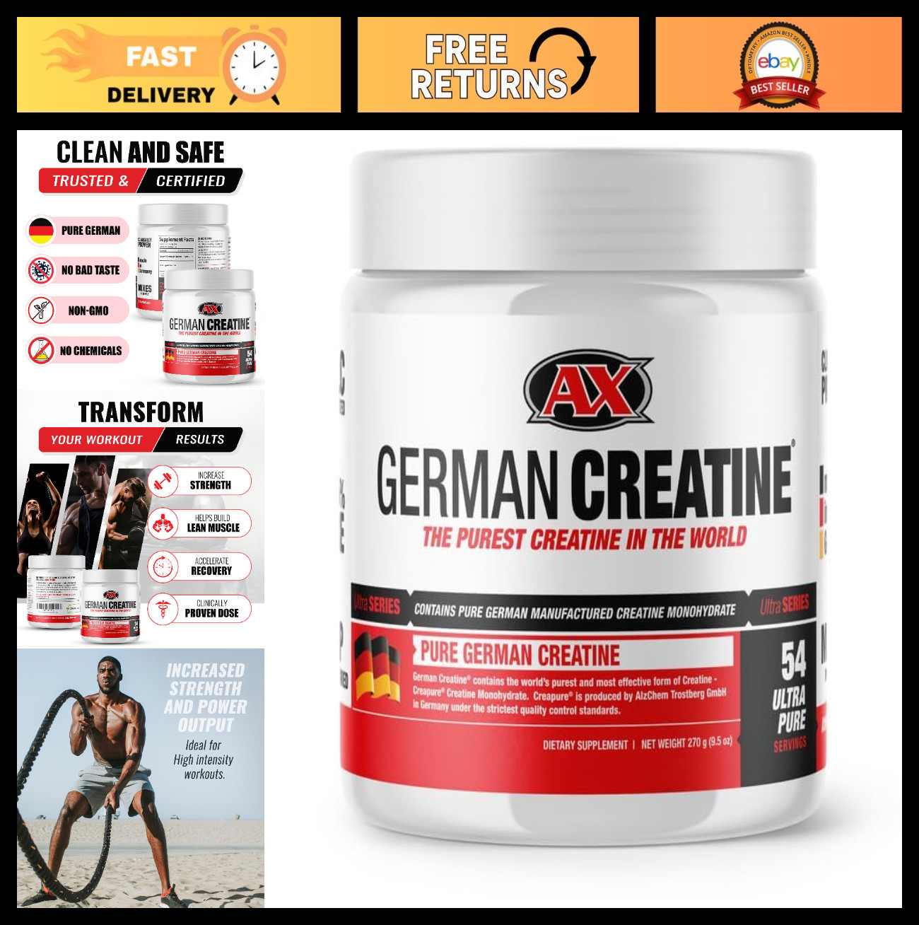 Micronized Creatine Monohydrate Powder 270g – 99.99% Pure for Muscle Growth, Str