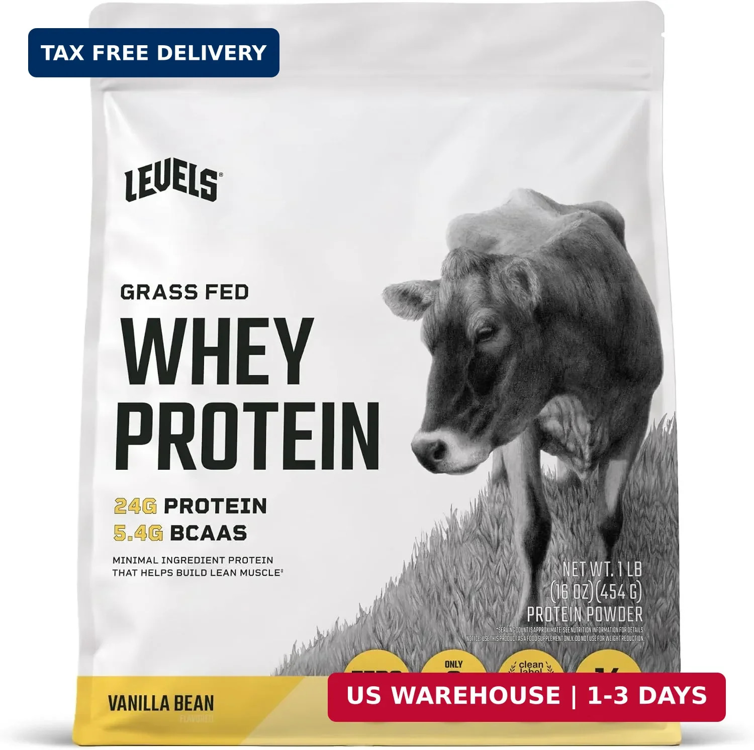 Levels Whey Protein Powder, No Artificial Ingredients, Vanilla Bean, 1LB | 24G o