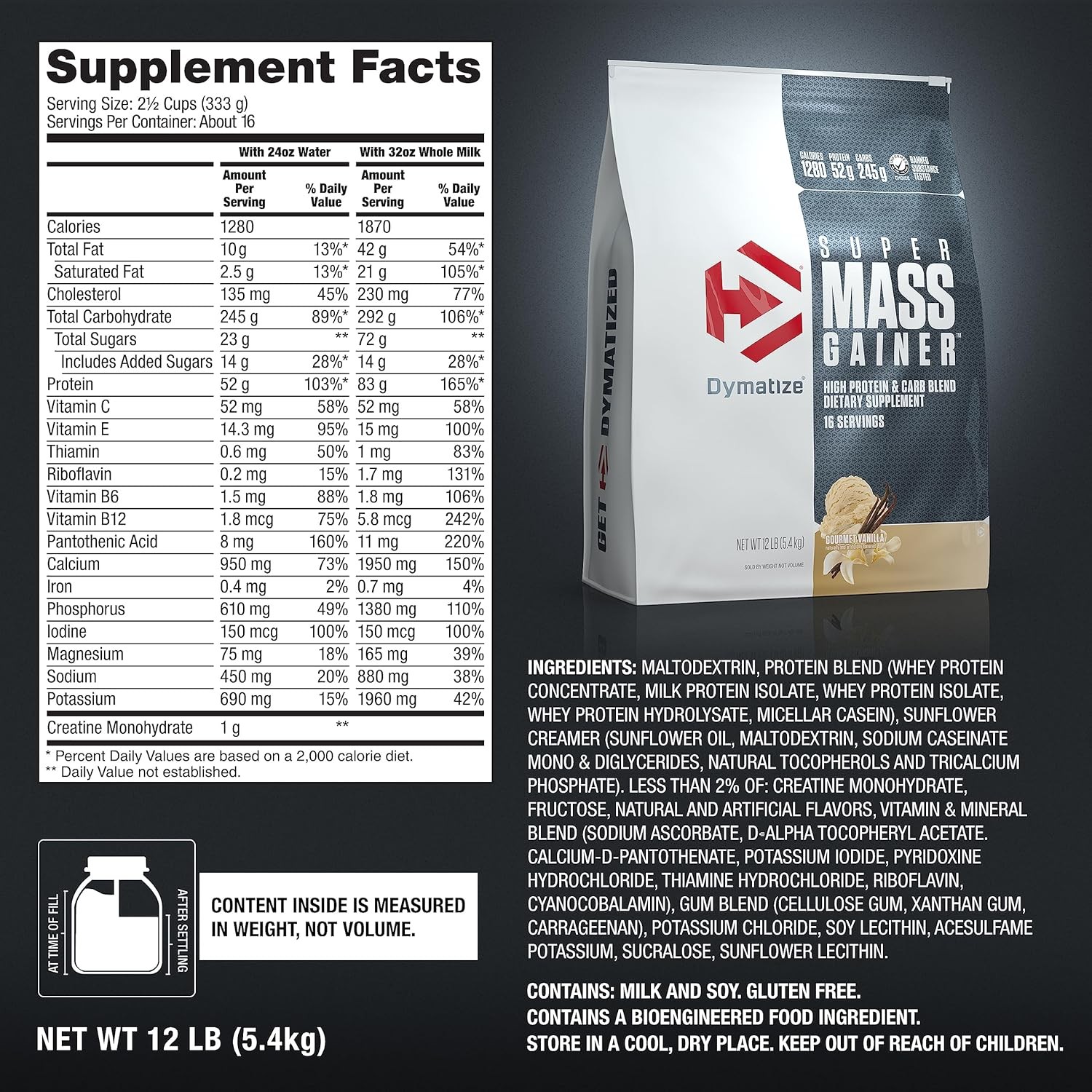 Super Mass Gainer Protein Powder, Gourmet Vanilla, 52G Protein, 1G Creatine, 128