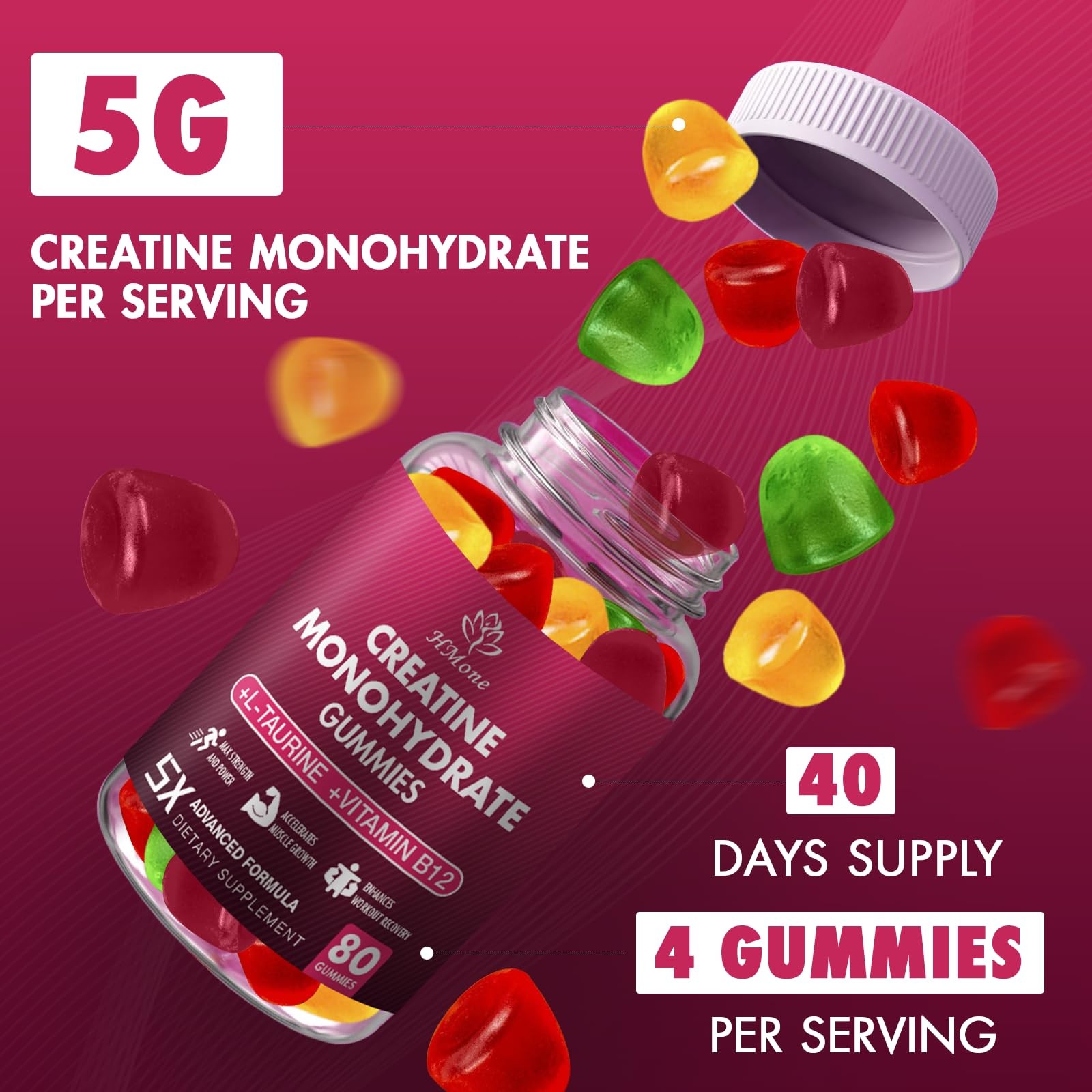 HMone Creatine Monohydrate Gummies – 5g for Men & Women, 80 Count (Pack of 2)
