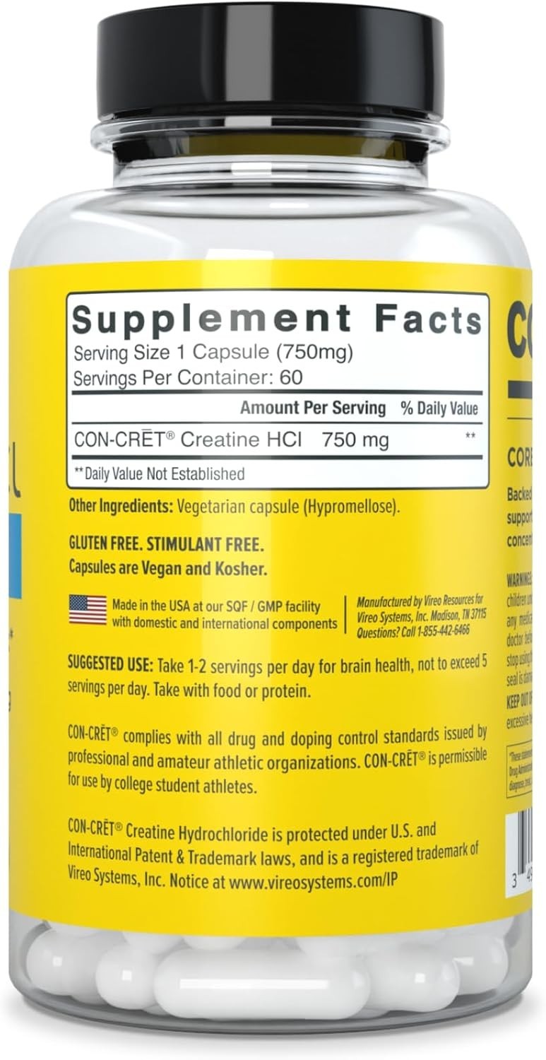 CON-CRET Creatine HCl Capsules | Supports Muscle Cognitive & Immune Health 60ct.