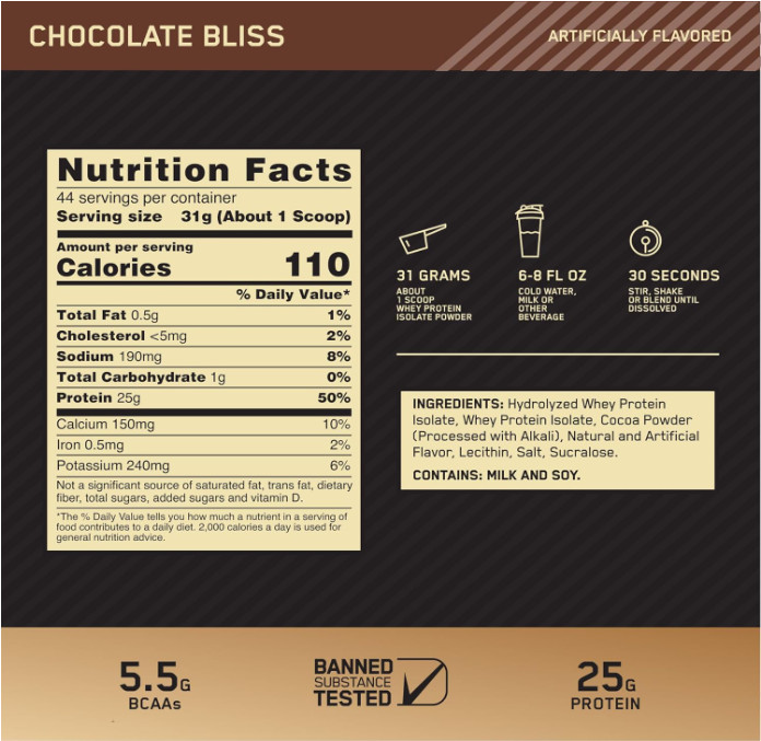 Optimum Nutrition Gold Standard 100% Isolate Whey Protein, Chocolate Bliss, 3 lb