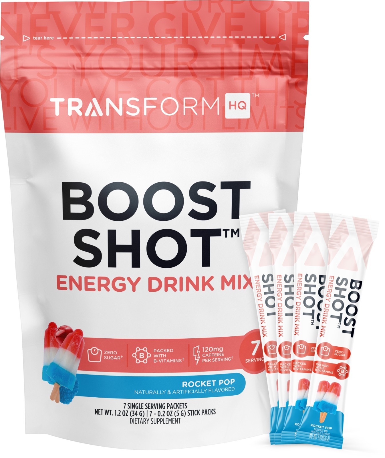 TransformHQ Boost Shot Powder Stick Packets, Rocket Pop Energy – 7 Pack