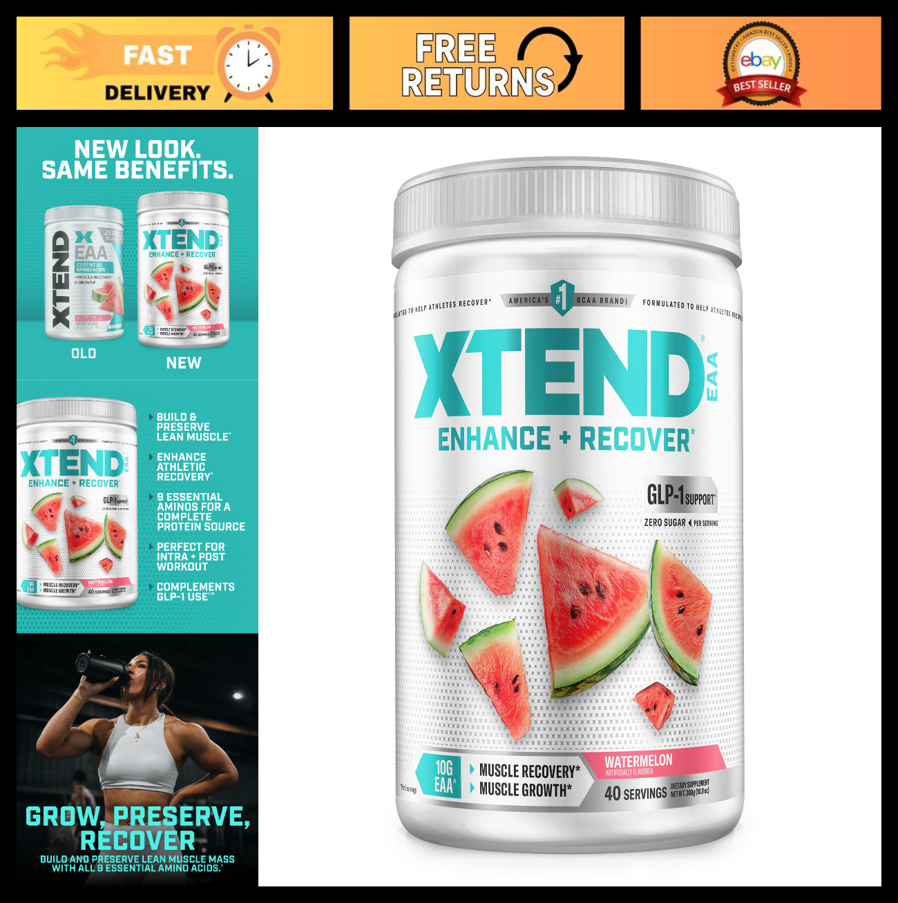 EAA + BCAA Powder, Zero Sugar, 10g Essential Amino Acids, 40 Servings, Muscle Re