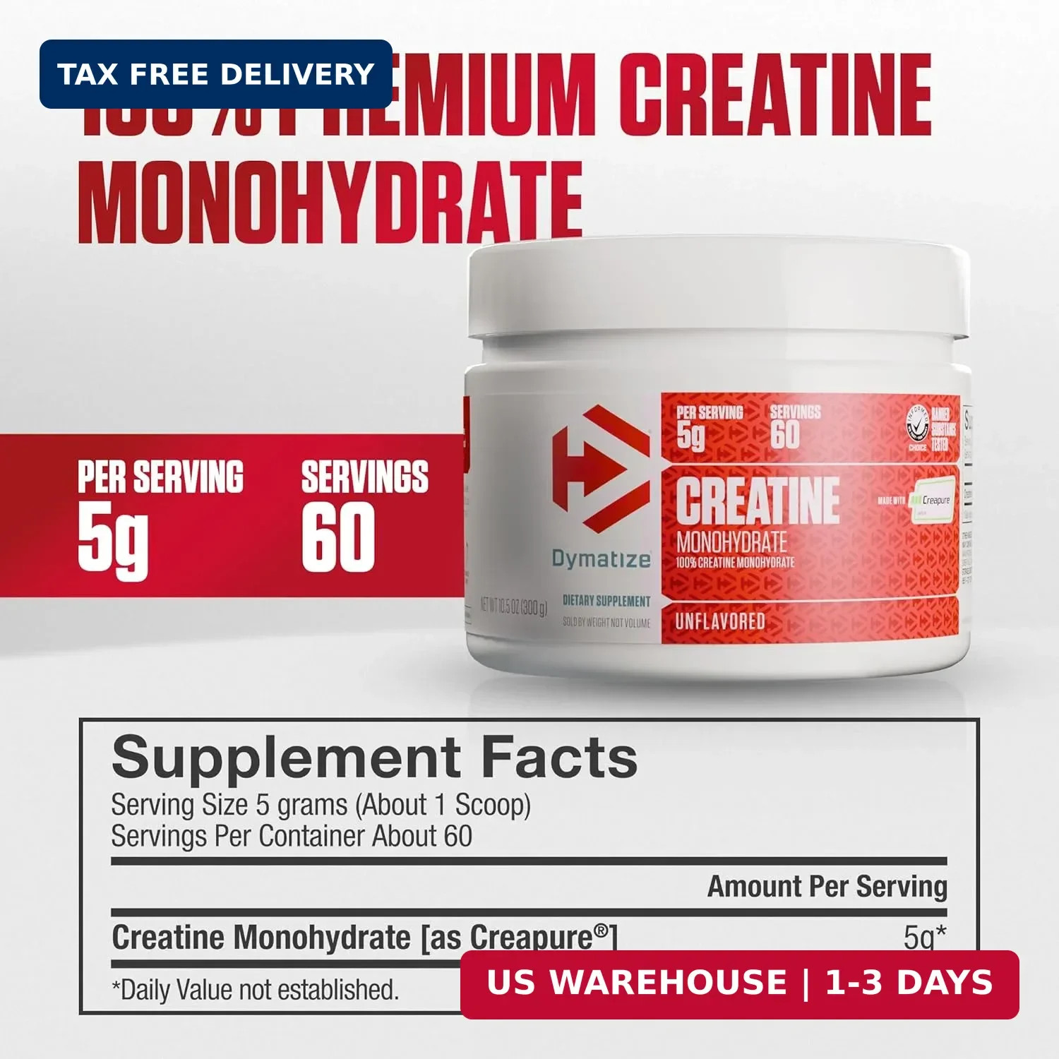 Dymatize Creatine Monohydrate 300g 5g Per Serving, 60 Servings