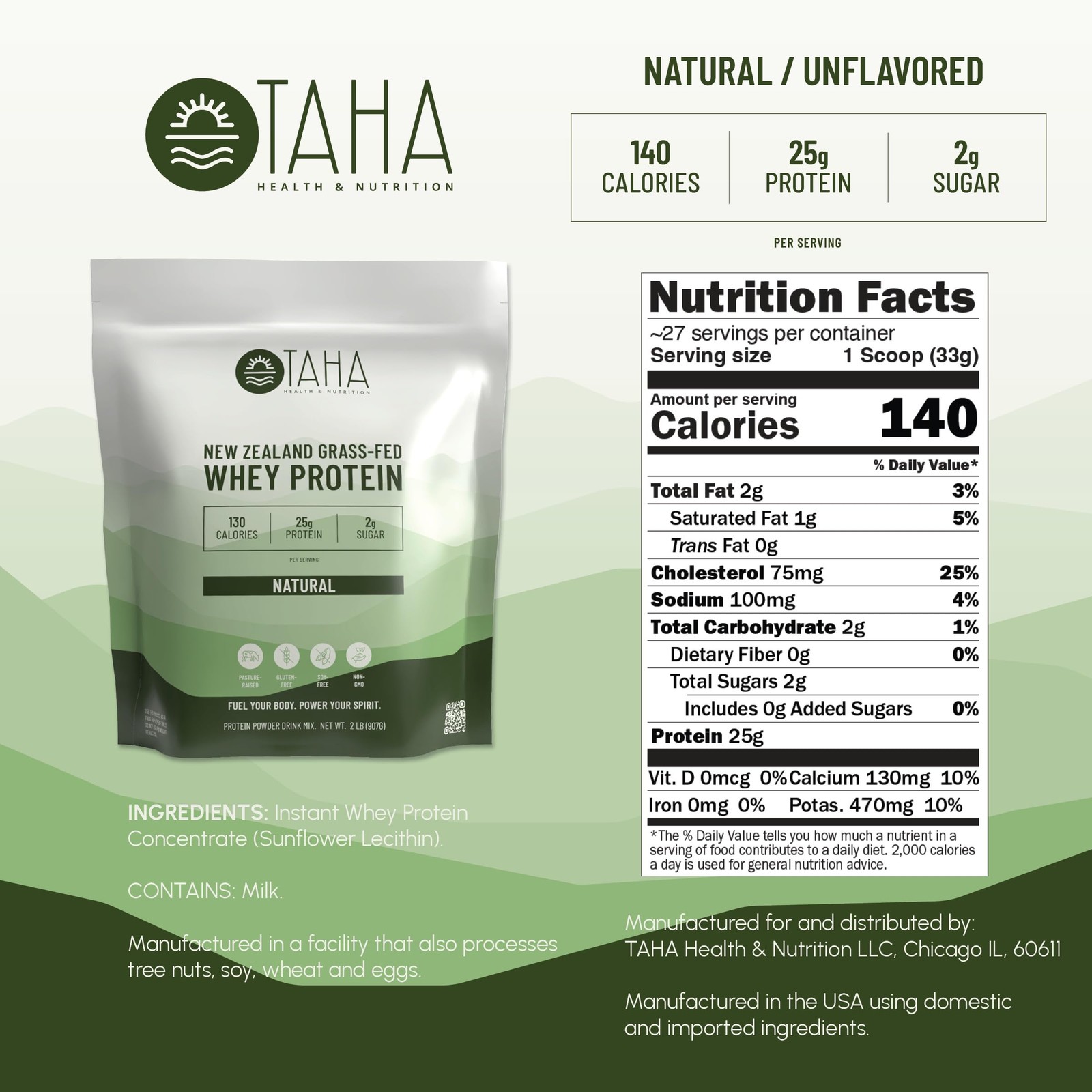 TAHA Unflavored Whey Protein Concentrate, 25g Protein, Grass-Fed, 2lb | 6.3g …