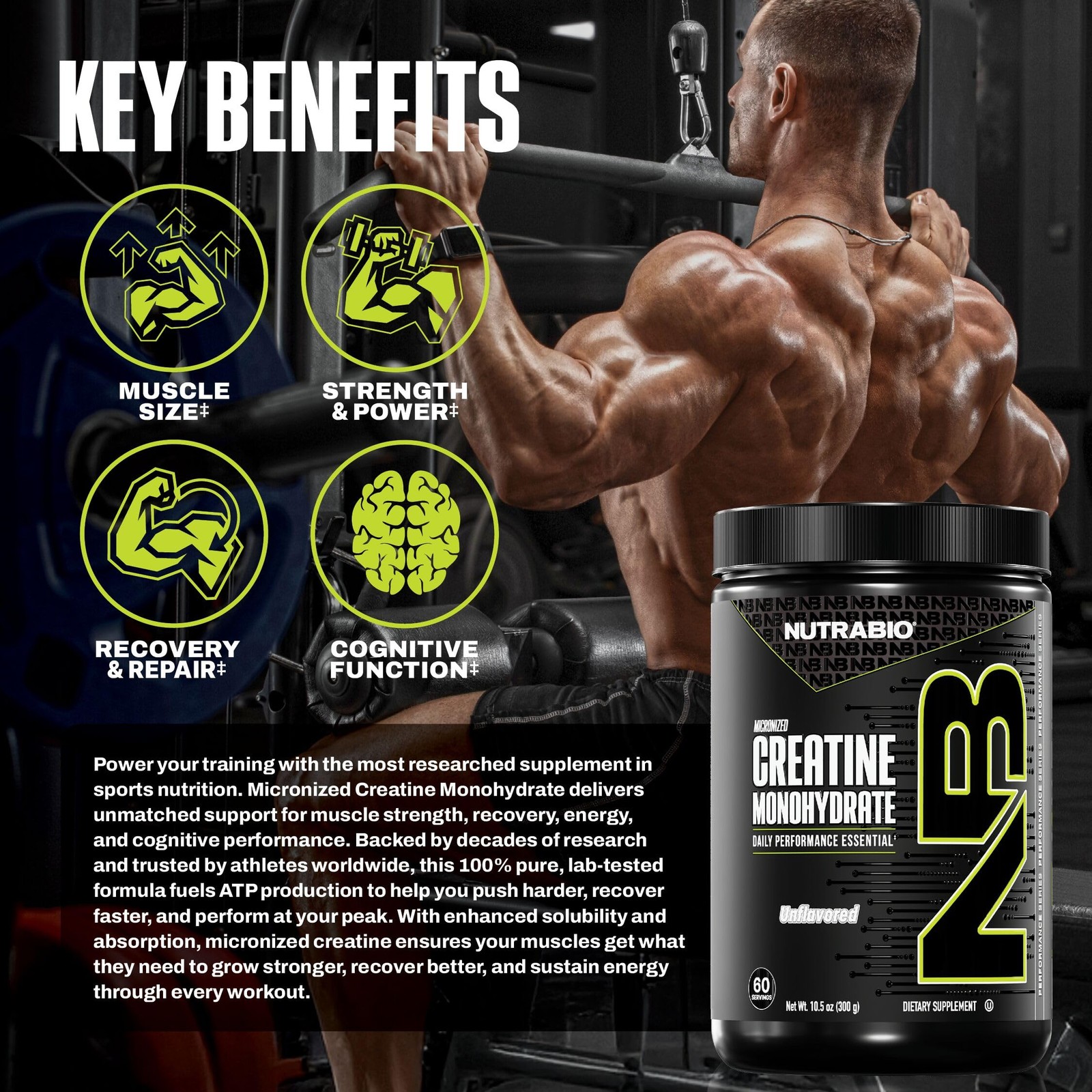 NutraBio Pure Micronized Creatine Monohydrate Powder Supplement, 300g, No