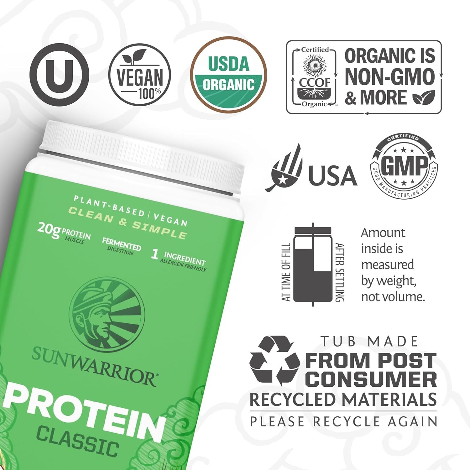 Sunwarrior Classic Vegan Sprouted Brown Rice Protein Powder, Natural,30 Servings