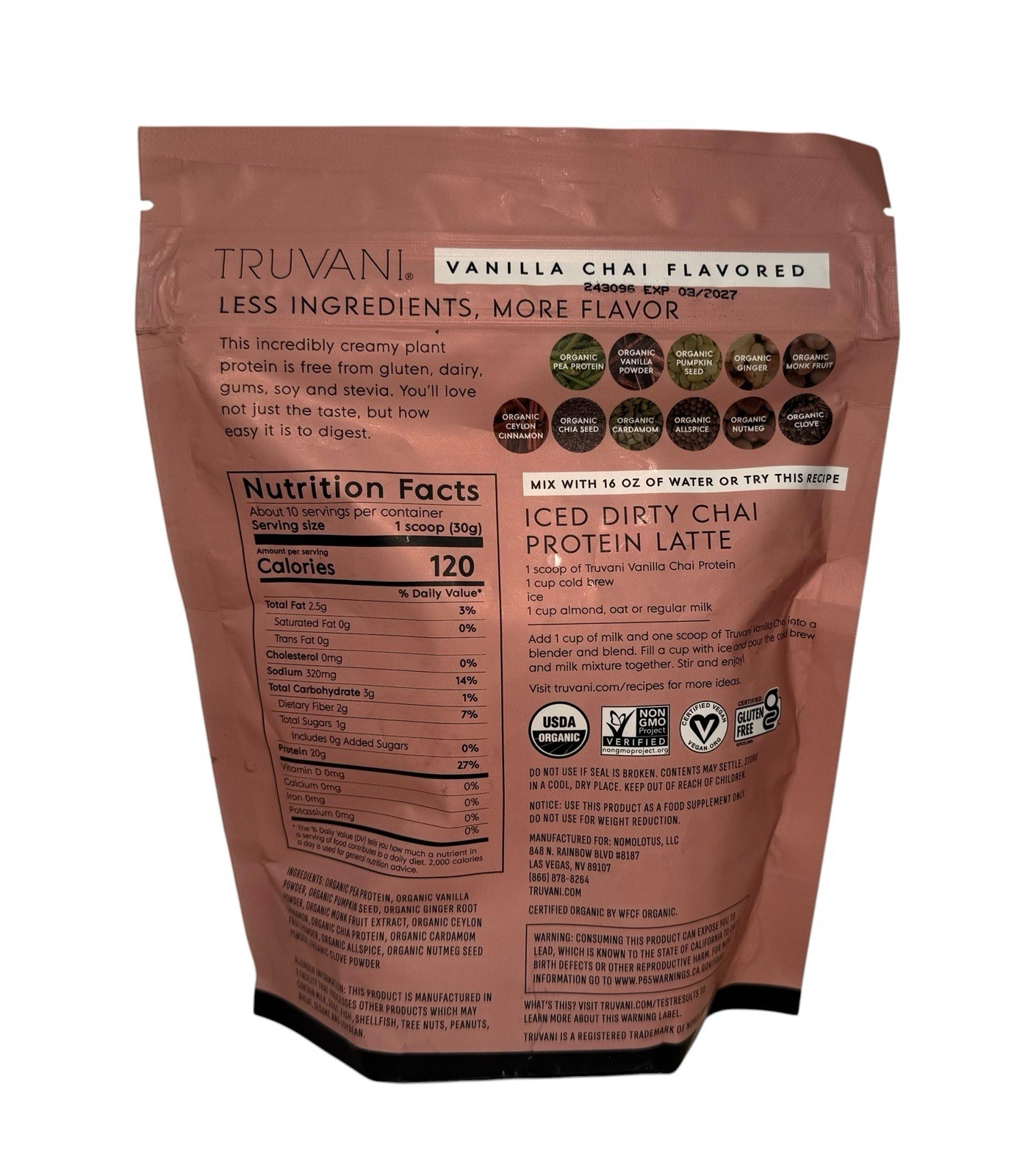 Truvani Organic Vanilla Chai Plant-Based Protein Powder 10.79 Oz