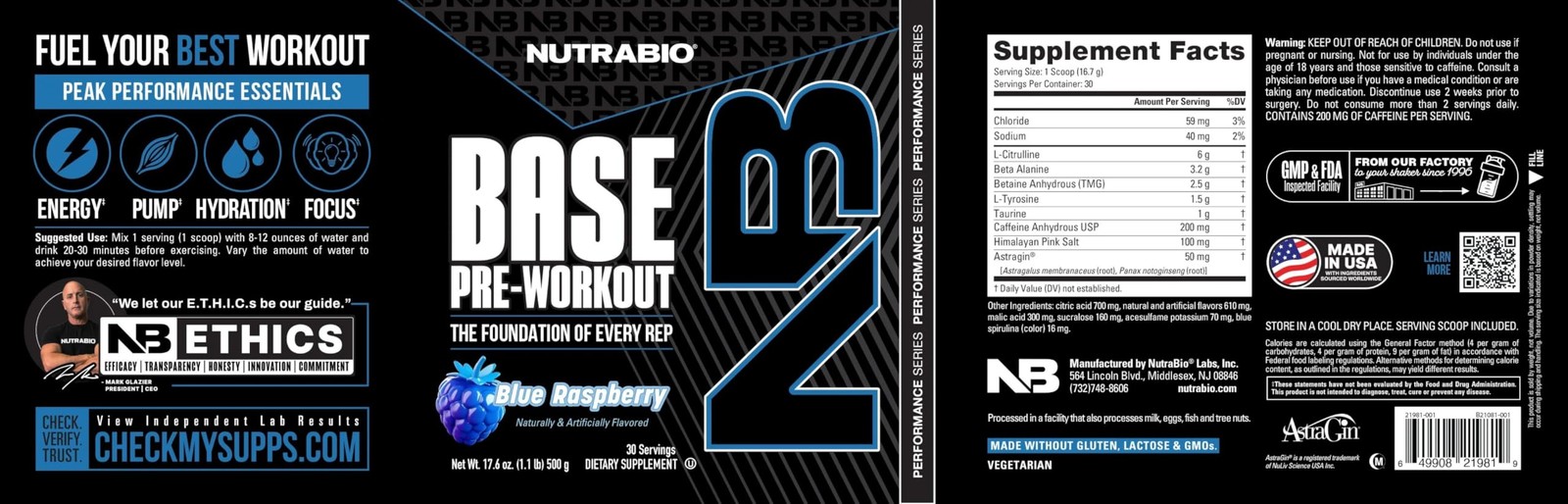 Nutrabio Base Pre-Workout Powder 200Mg Caffeine Sustained Energy Focus