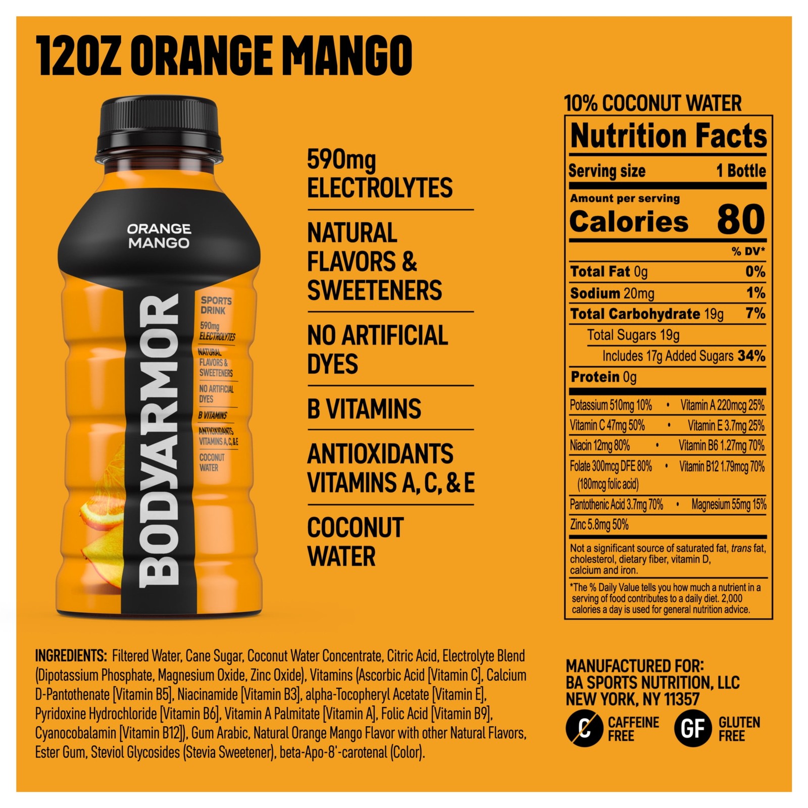 BODYARMOR Orange Mango Electrolyte Sports Drink, 12 fl oz, 8 Pack Bottles