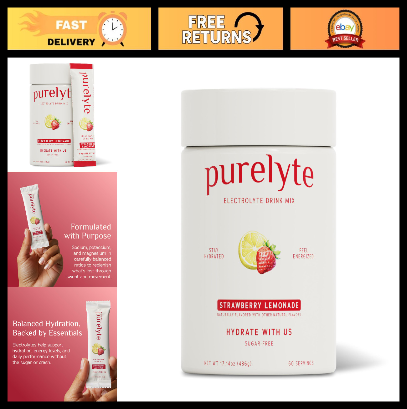 Sugar-Free Electrolyte Powder Drink Mix – Keto, Vegan Hydration, 60 Servings, St