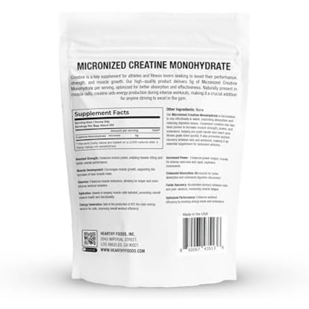 HEARTHY FOODS Creatine Monohydrate Micronized Powder 500G – 100 Servings, 5000mg