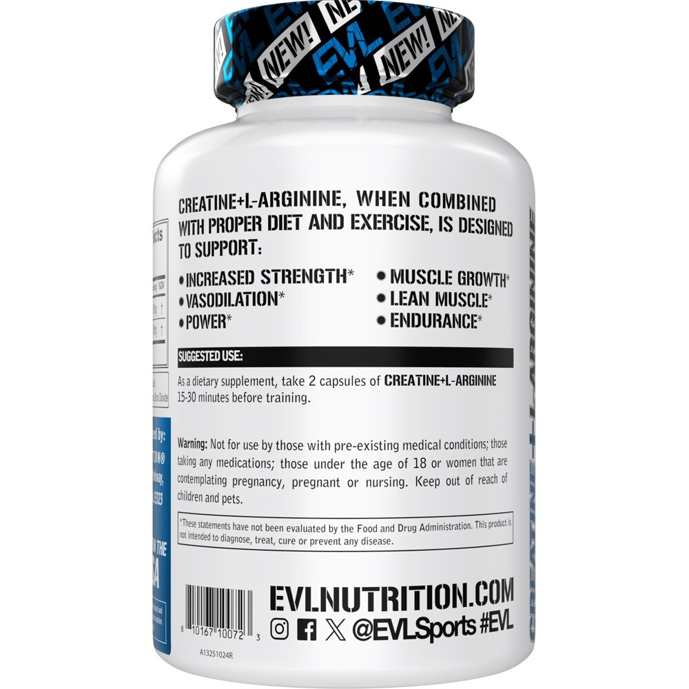 Evlution Nutrition Creatine + L-Arginine – 60 Servings -120 Veggie Capsules