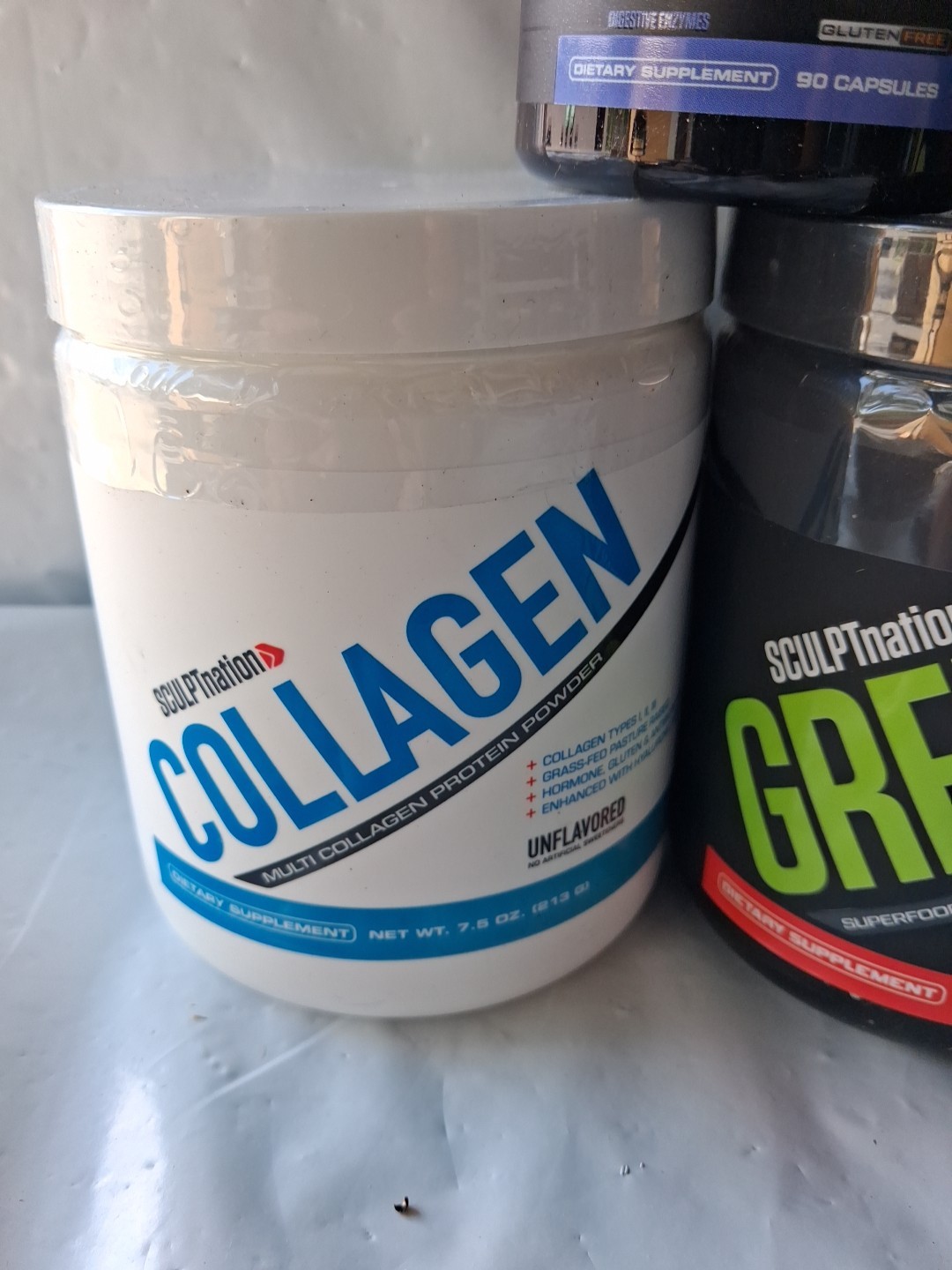 Sculpt Nation Goodies. Protein Vanilla, Collagen Unflavored, Greens Straberry. +