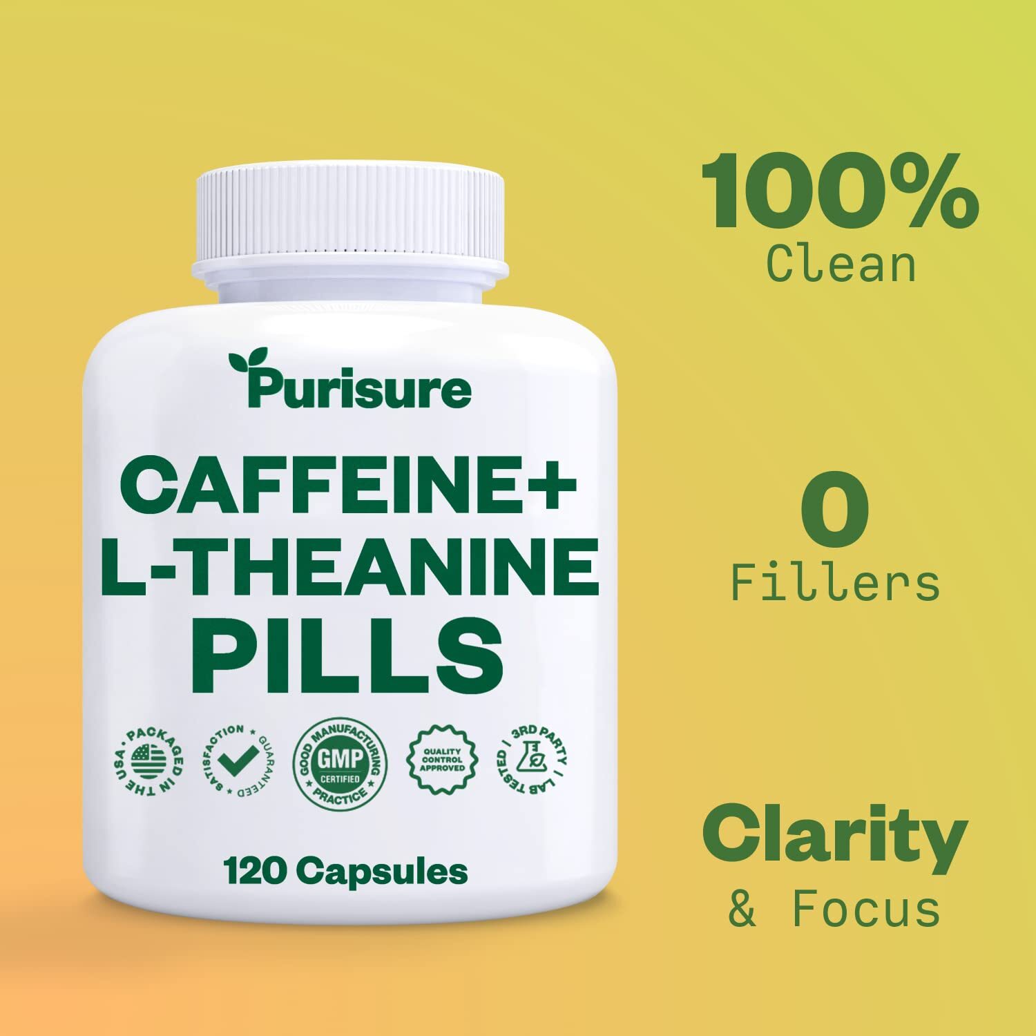 Purisure Caffeine Theanine Capsules, 100mg Caffeine + 200mg L-Theanine, 120 Days