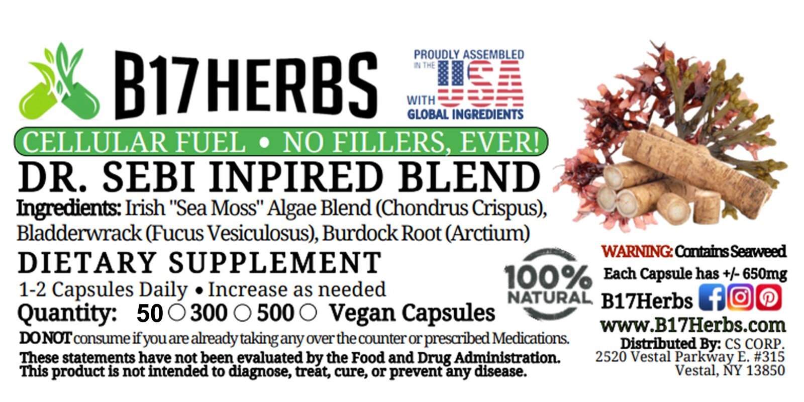 Dr Sebi Inspired Blend – Irish Moss | Bladderwrack | Burdock Root 50 Veg. Caps