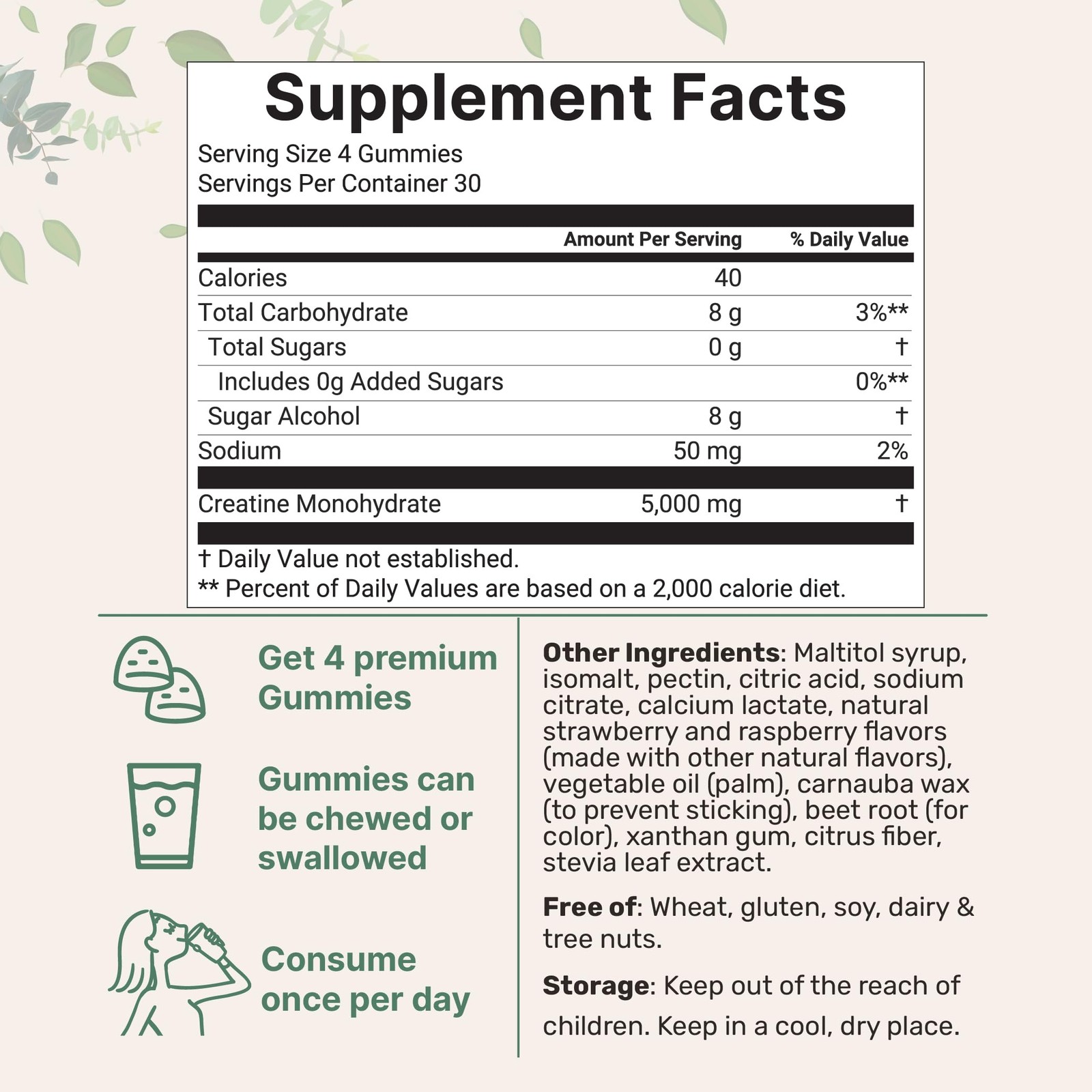 Creatine Monohydrate Gummies 5,000mg Per Serving, 120 Count | Sugar Free Stra…