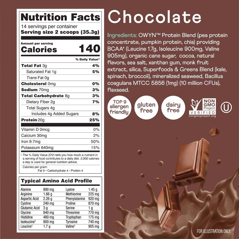 OWYN Dark Chocolate Protein Powder, 1.1lb – 20g Vegan Pea Protein