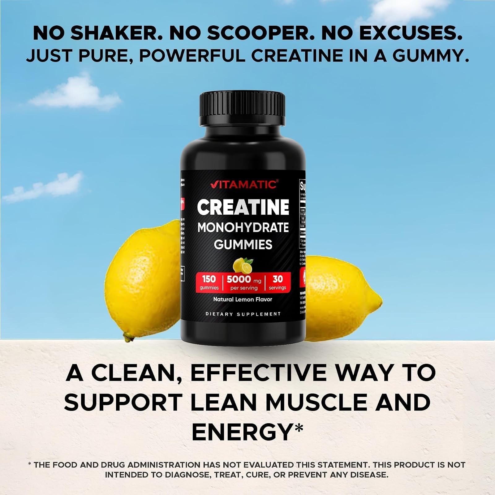 Vitamatic Creatine Gummies 5000mg – Lemon Flavor – 150 Count