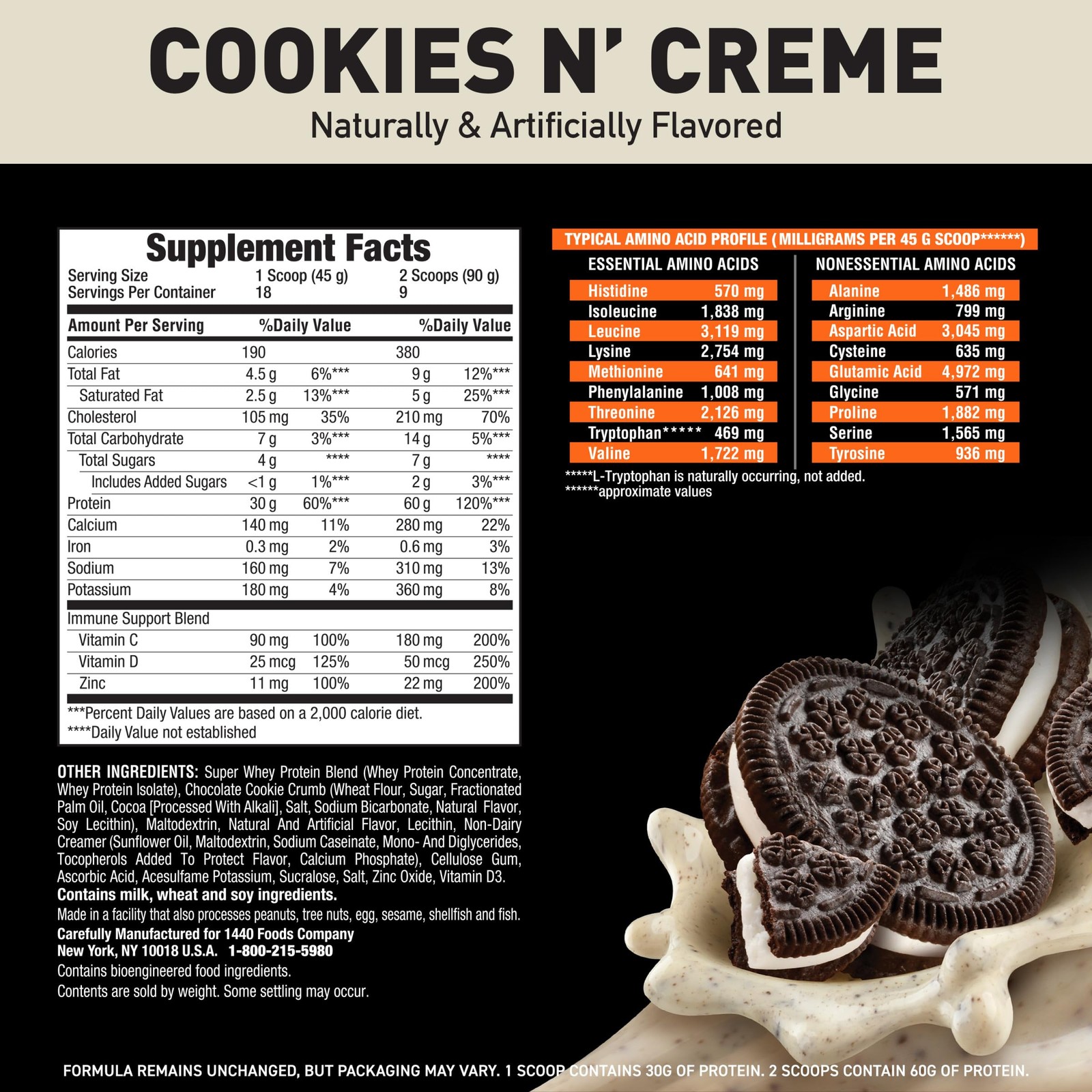 Body Fortress Whey Protein Powder Cookies N’ Creme 60g Protein 1.78 lbs