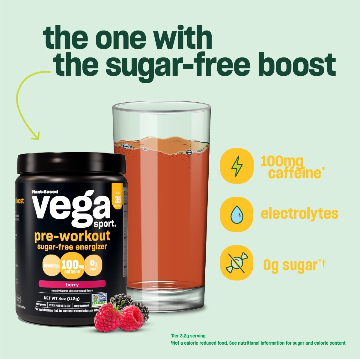 Sugar Free Pre-Workout Powder Energizer – Berry Flavor, Vegan, Keto, Gluten Free