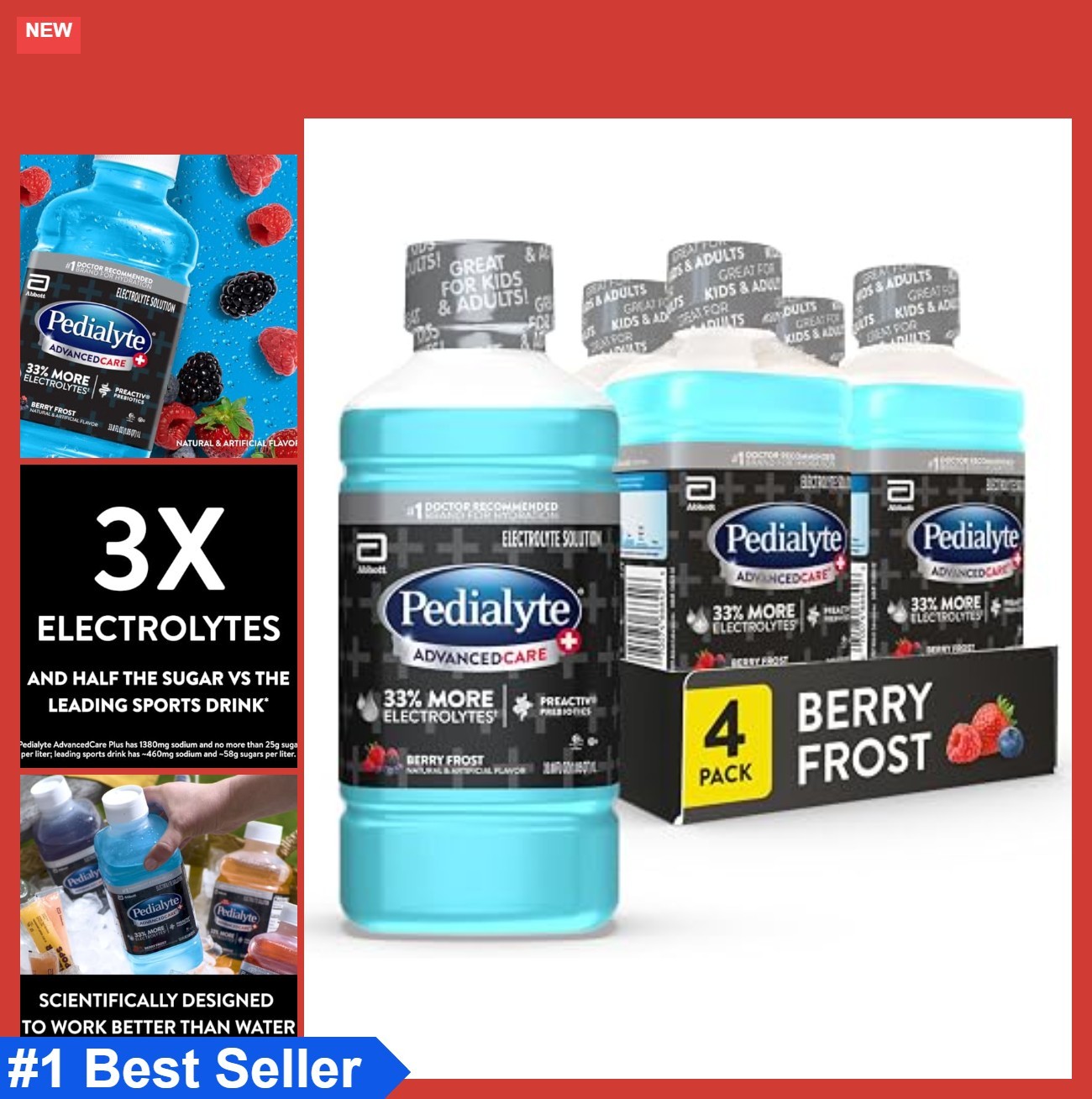 Electrolyte Hydration Drink Berry Frost 1 Liter Pack of 4 with Prebiotics