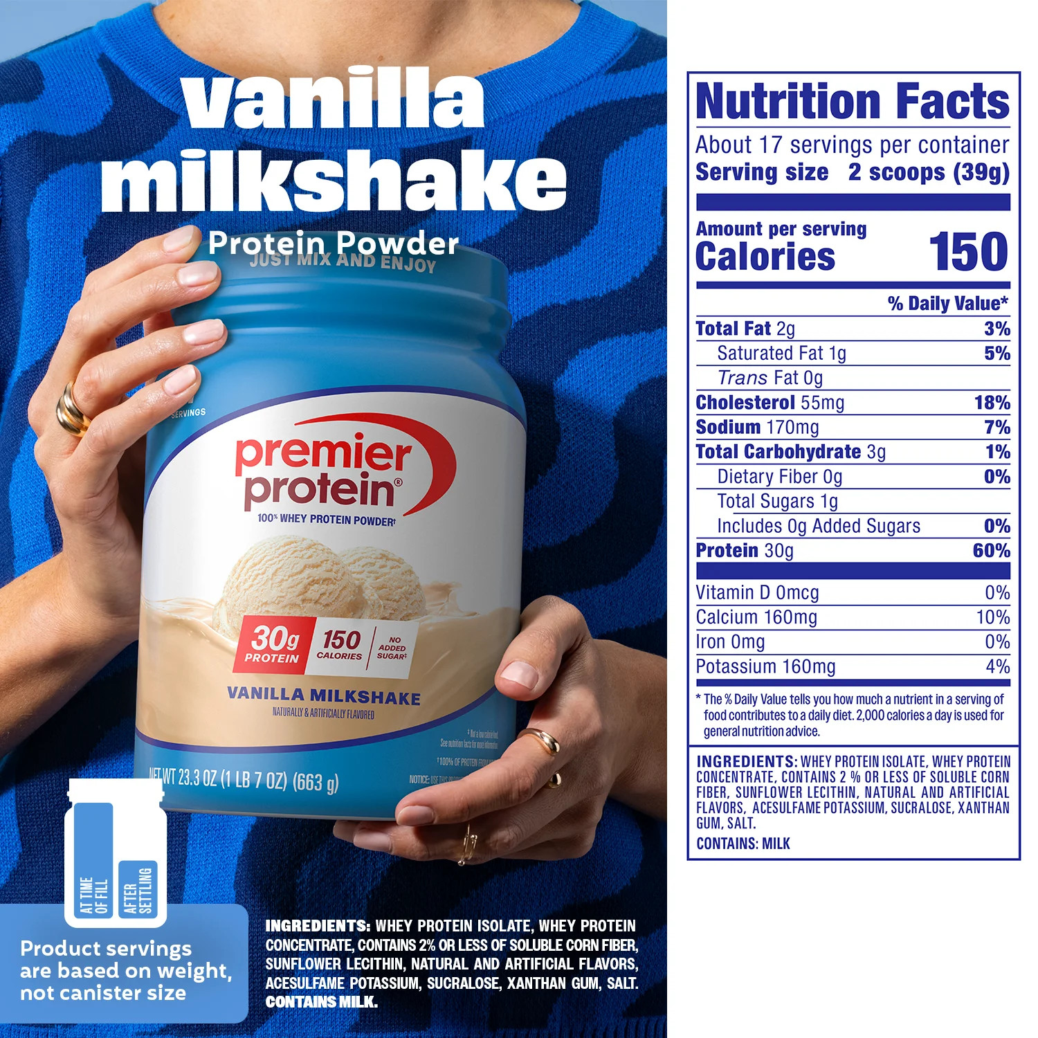 100% Whey Protein Powder, Vanilla Milkshake, 30G Protein, 23.3 Oz, 1.7 Lb