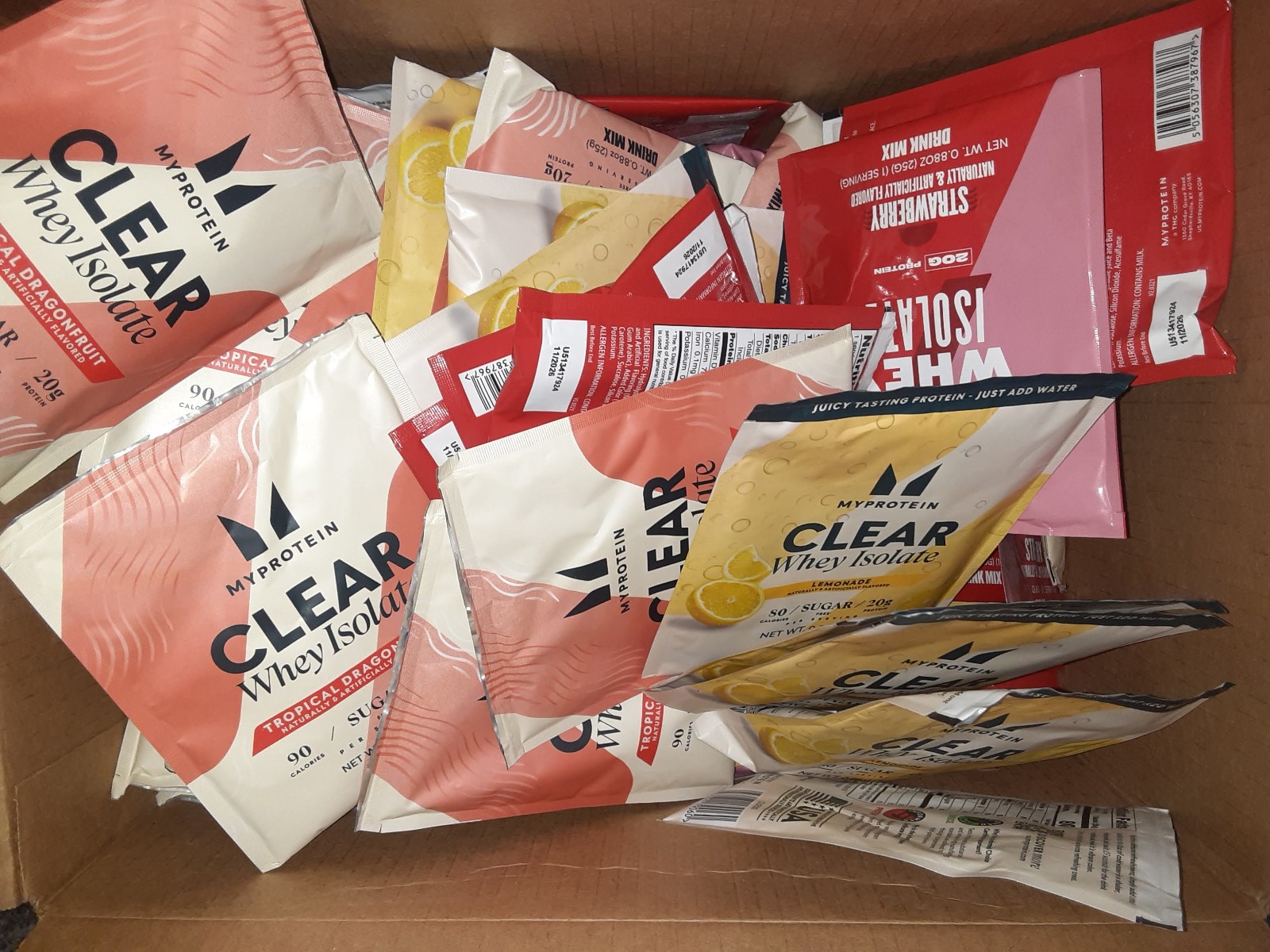 1 packet myprotein whey drink mix. strawberry OR lemonade OR tropical dragon