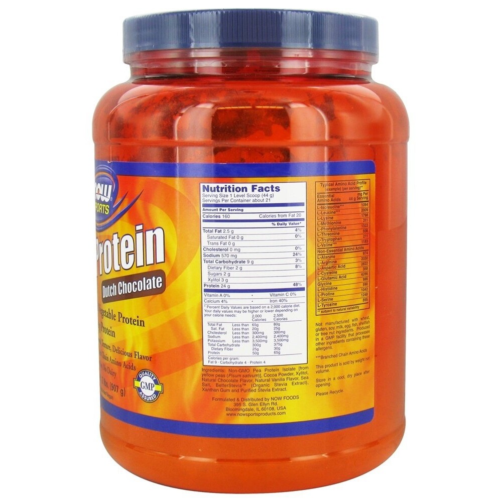 NOW Foods Pea Protein 100% Pure Non-GMO Vegetable Protein Dutch Chocolate,2 lbs.