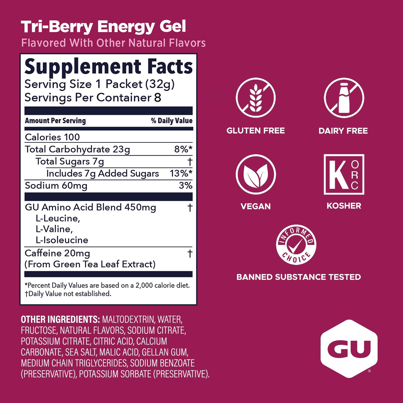 GU Energy Original Sports Nutrition 1.1 Fl Oz (Pack of 8), Tri-berry