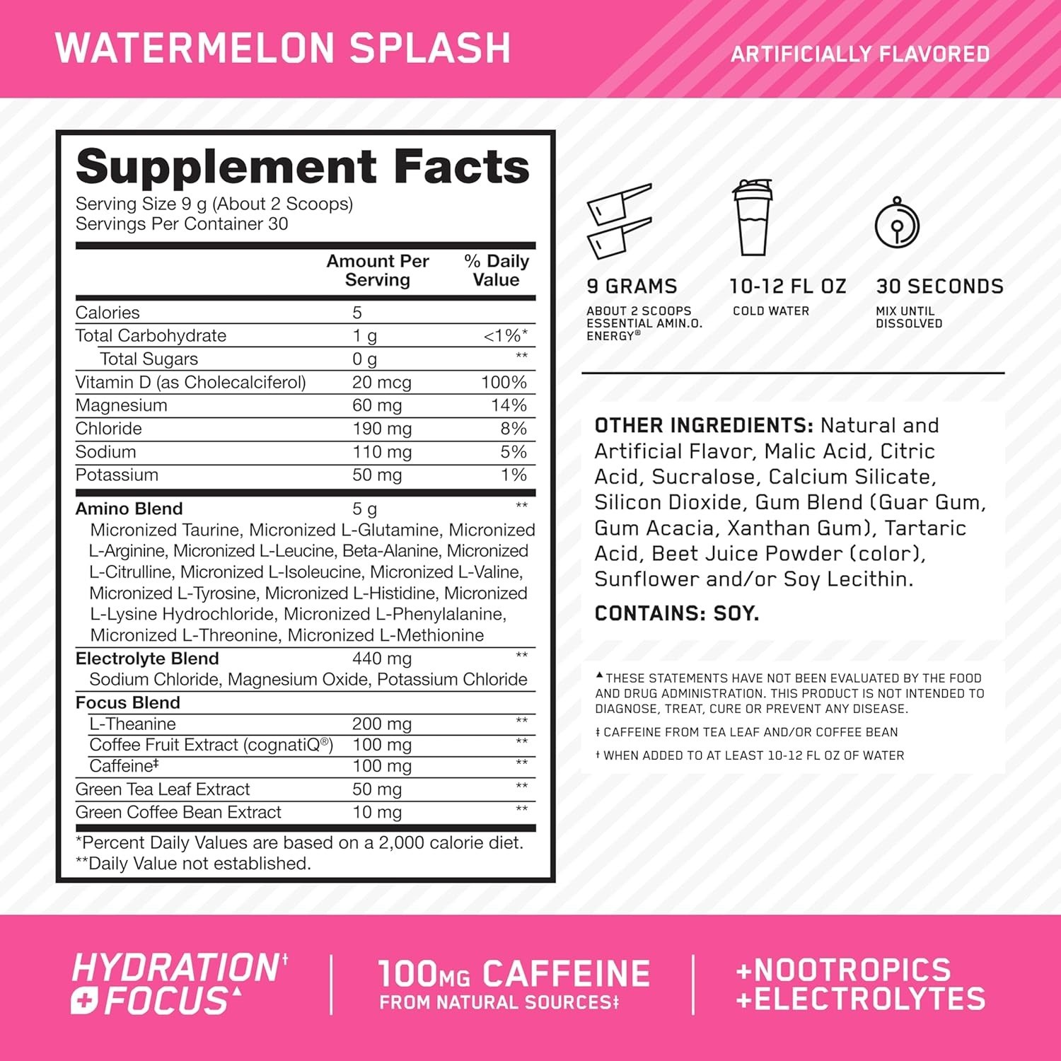 Hydrating Amino Energy Drink Mix – Watermelon, 30 Servings of Focus & Recovery