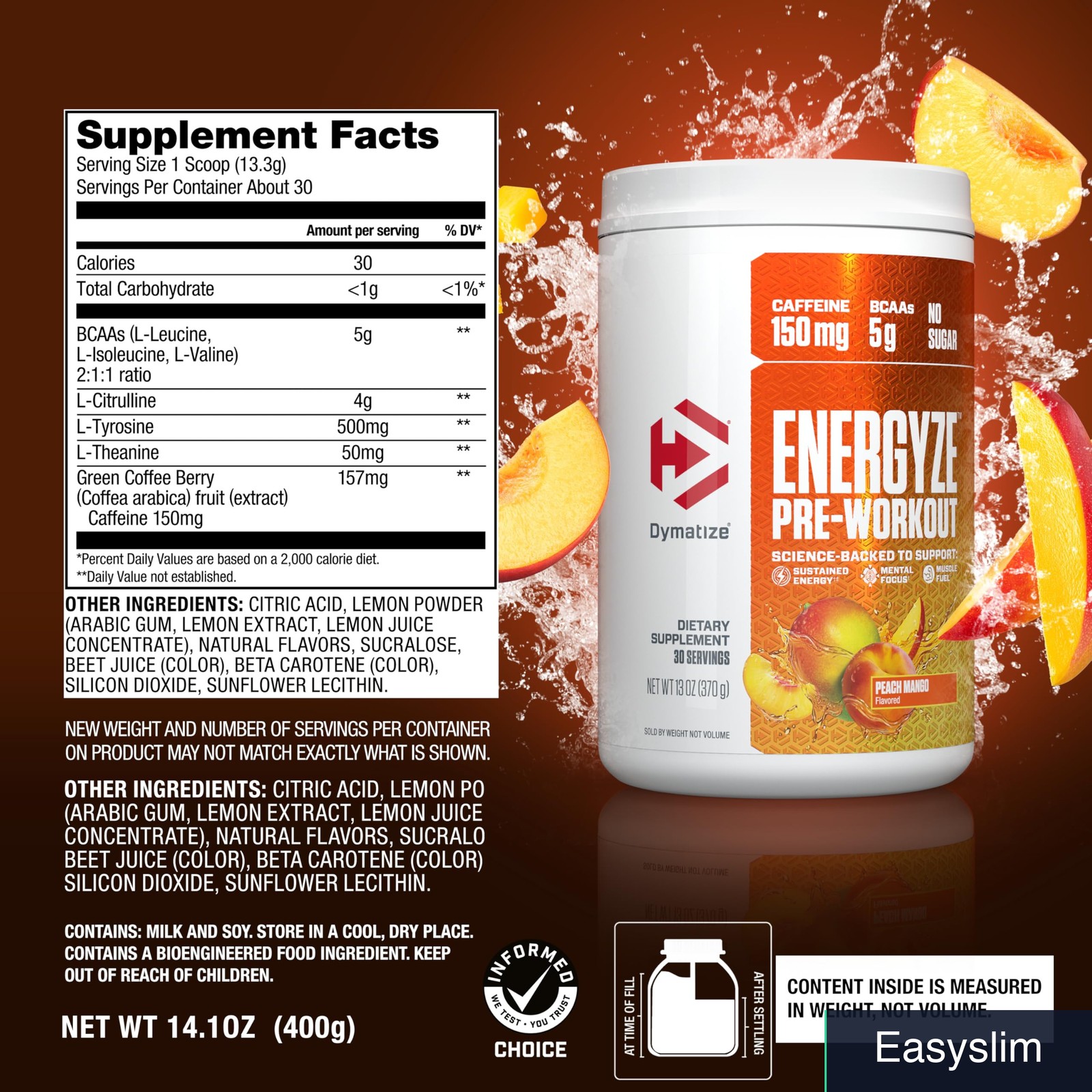 Pre-Workout Powder 150mg Caffeine 5g BCAAs Peach Mango No Sugar 30 Servings