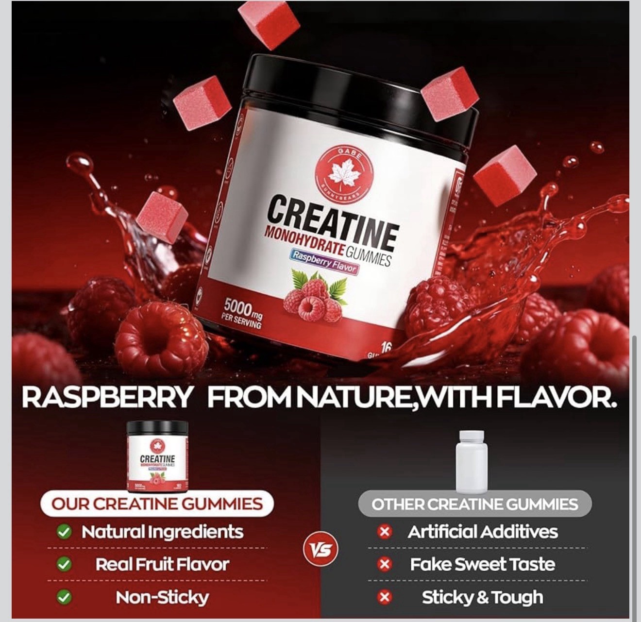 Gabe Sunnybears Creatine Monohydrate Gummies 5000mg 160 Raspberry Taurine