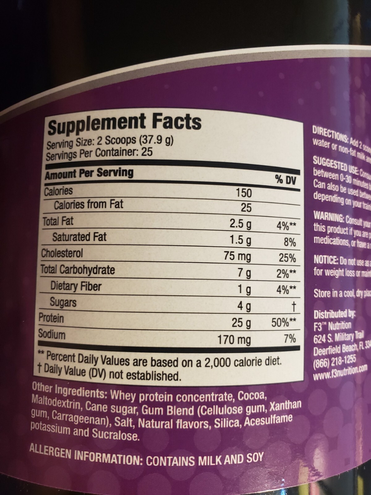 F3 NUTRITION – 100% Whey Protein – Chocolate – 2.1 lbs – Lean Muscle Exp 5/2026