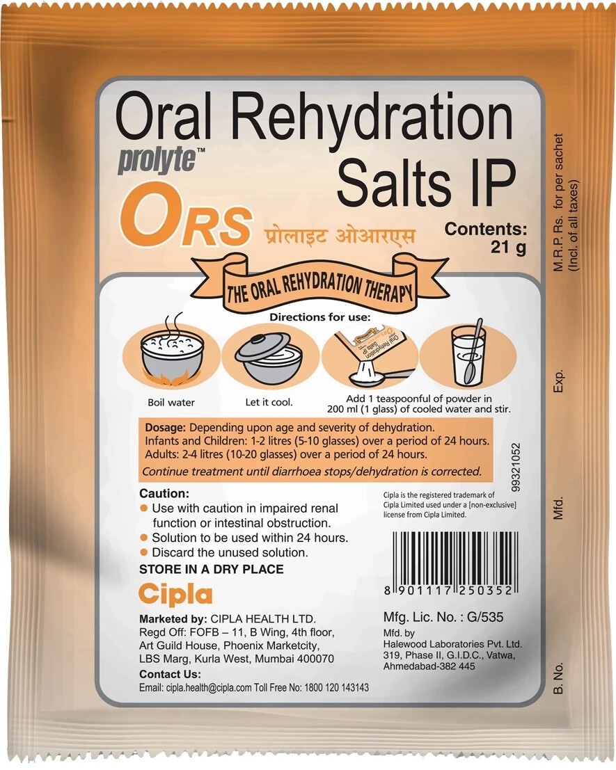 Cipla Prolyte ORS Orange 21g x 15 | Electrolyte Hydration Powder | 01/2028 Exp.