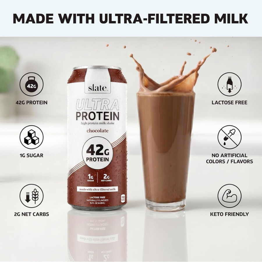 Slate 42G Ultra Protein Shakes – Breakfast Boost, Chocolate (15 fl oz), 12 Cans