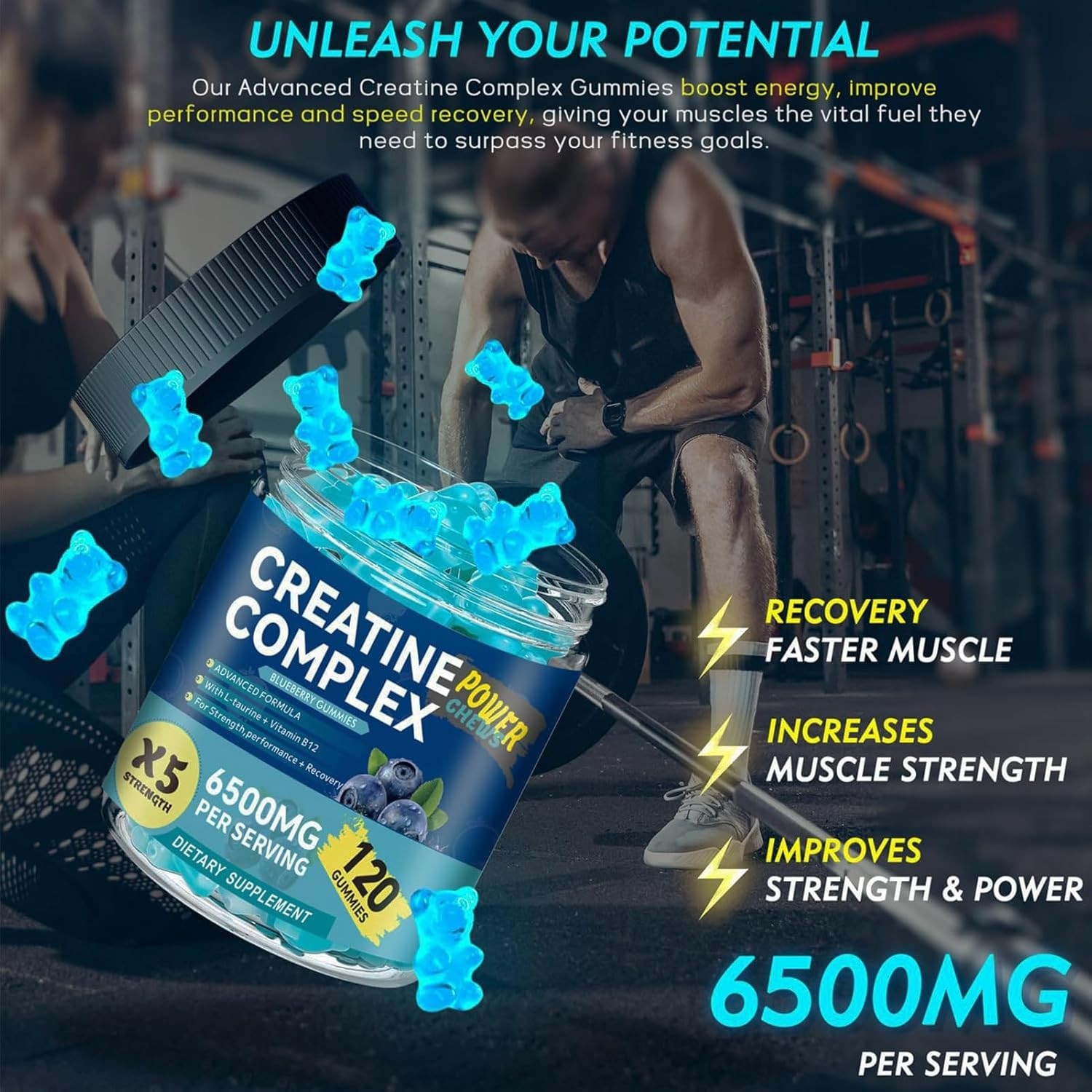 Creatine Monohydrate Gummies Strength & Athletic Performance 6.5g 120 Gummy USA