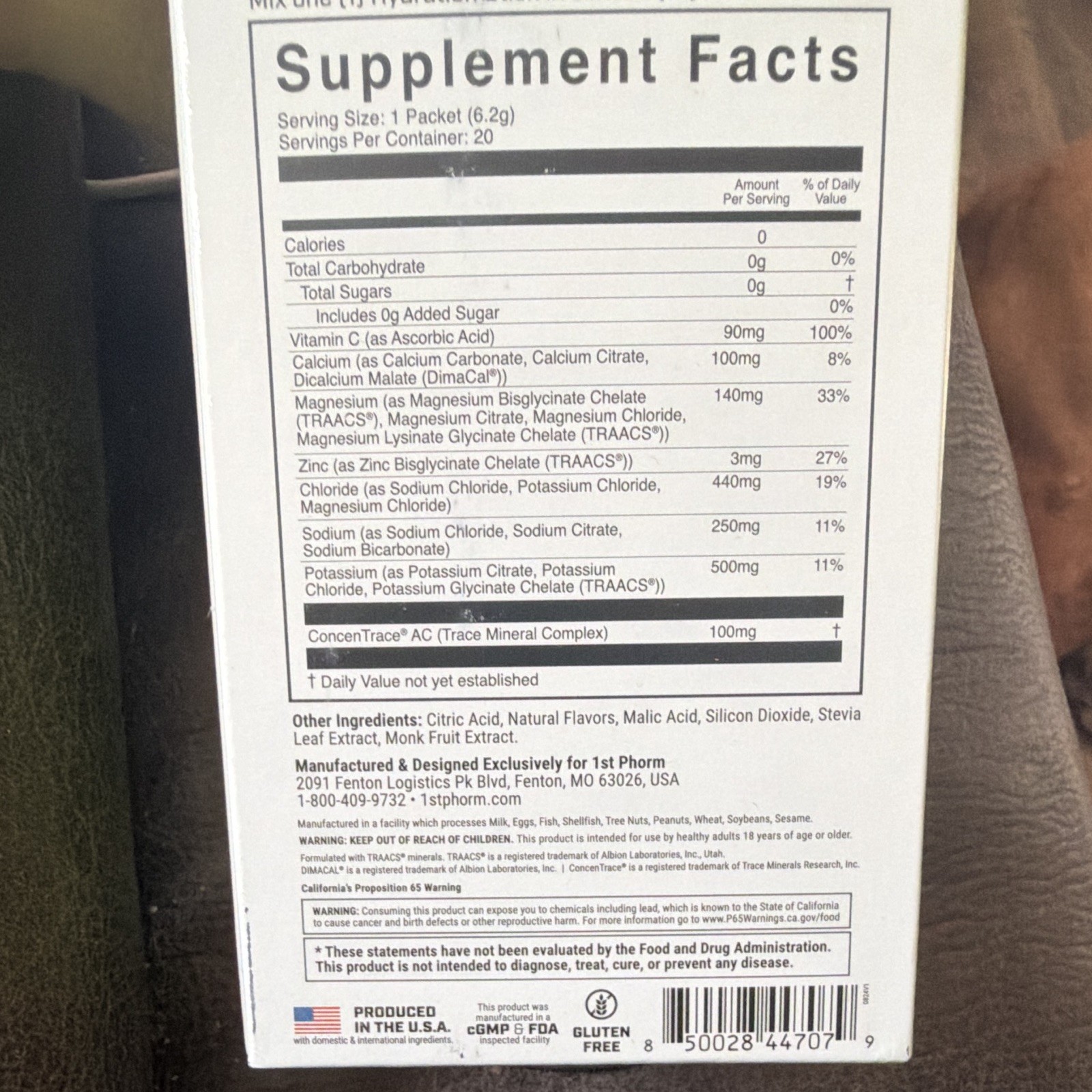 1st Phorm Citrus Hydration Electrolyte Drink Mix Vit C Calcium 20 pk 4.37oz