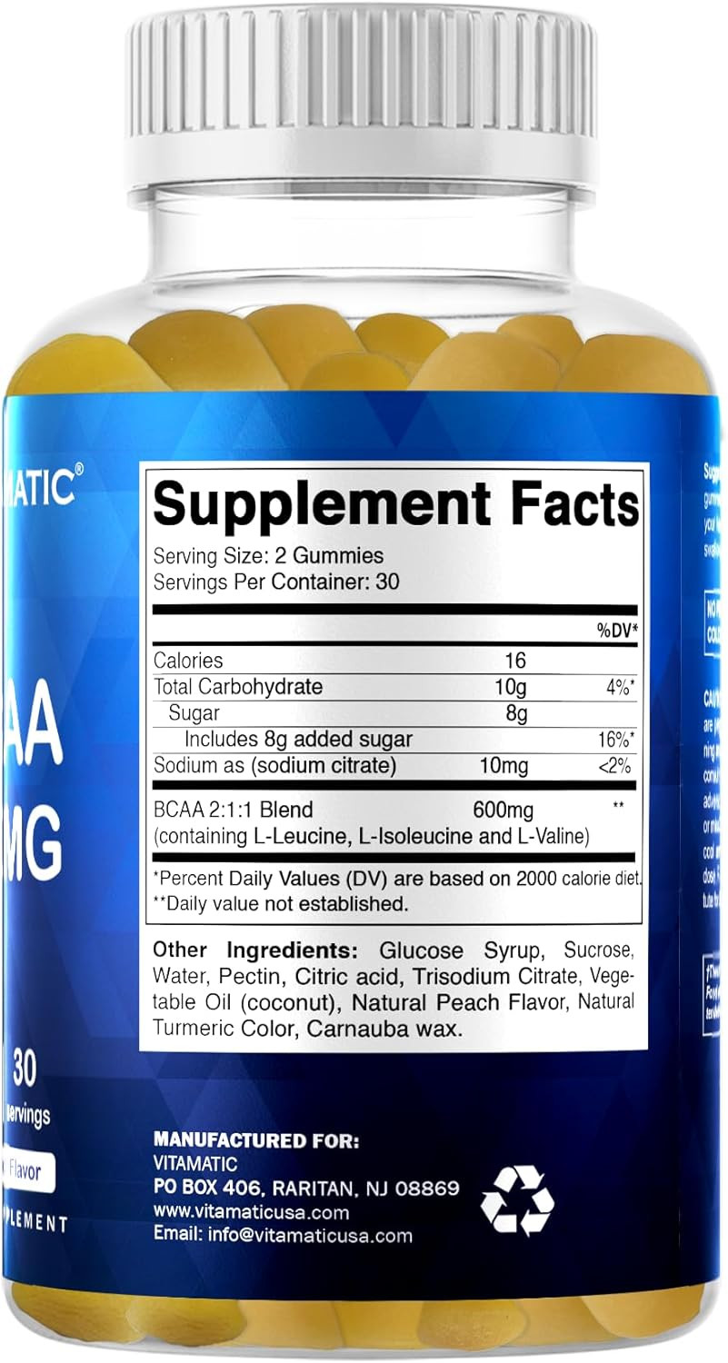 BCAA Gummies – Branch Chain Amino Acid Supplements – Peach Flavor – 600Mg per Se
