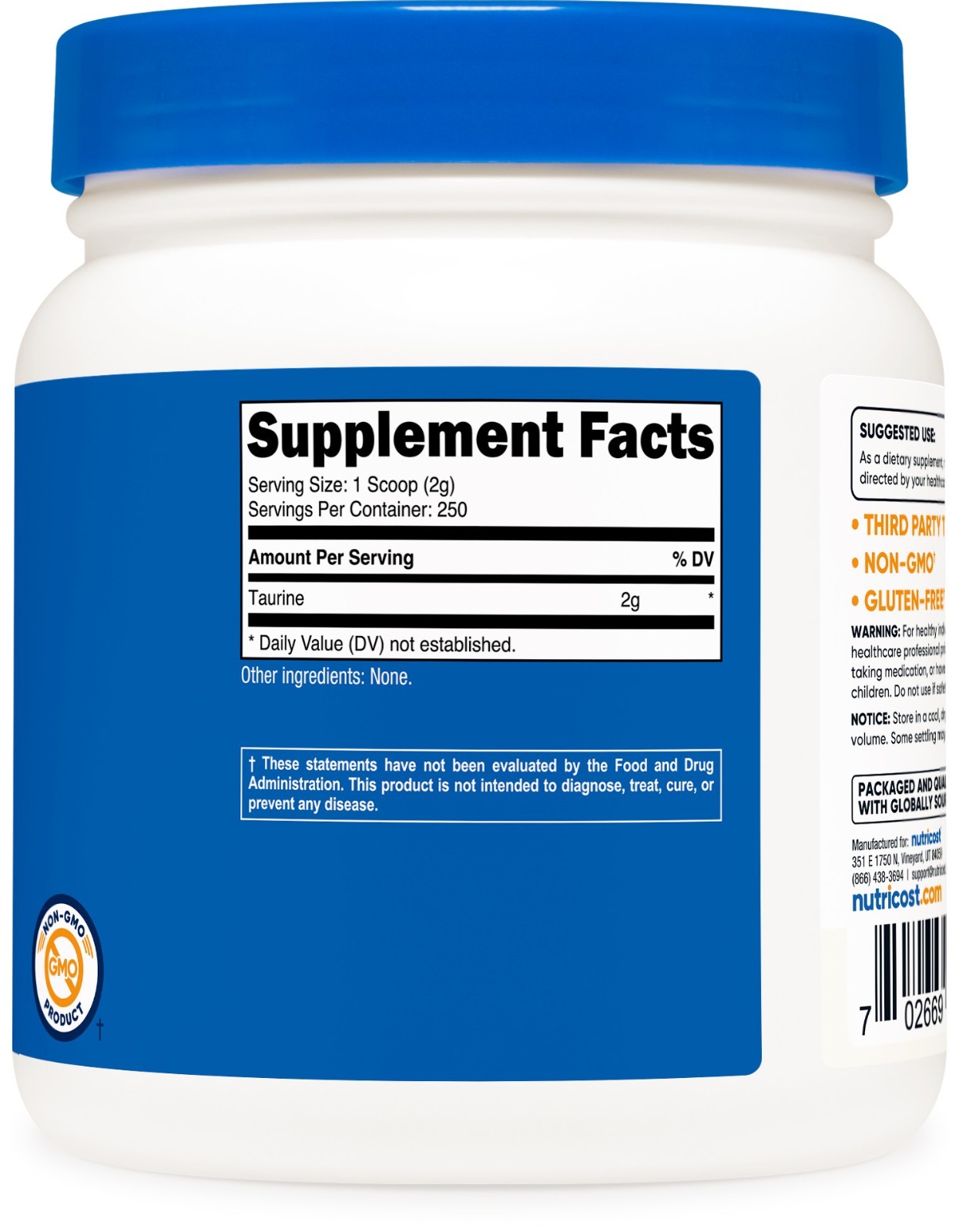 Nutricost Taurine Powder 500 Grams – 250 Servings, 2000mg Per Serving