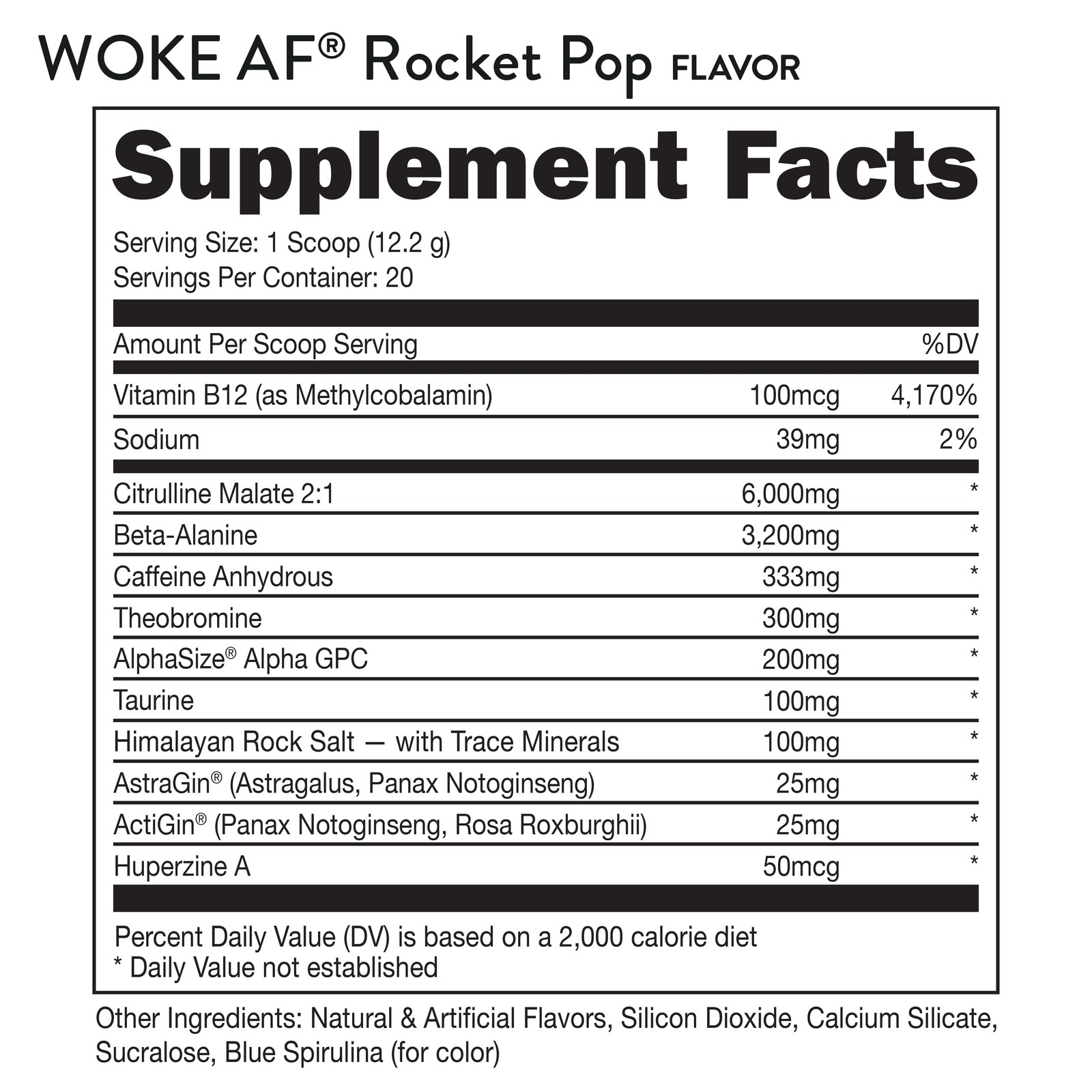Woke Af Pre-Workout Powder, Increase Energy, Rocket Pop, 333Mg Caffeine, 20 Serv
