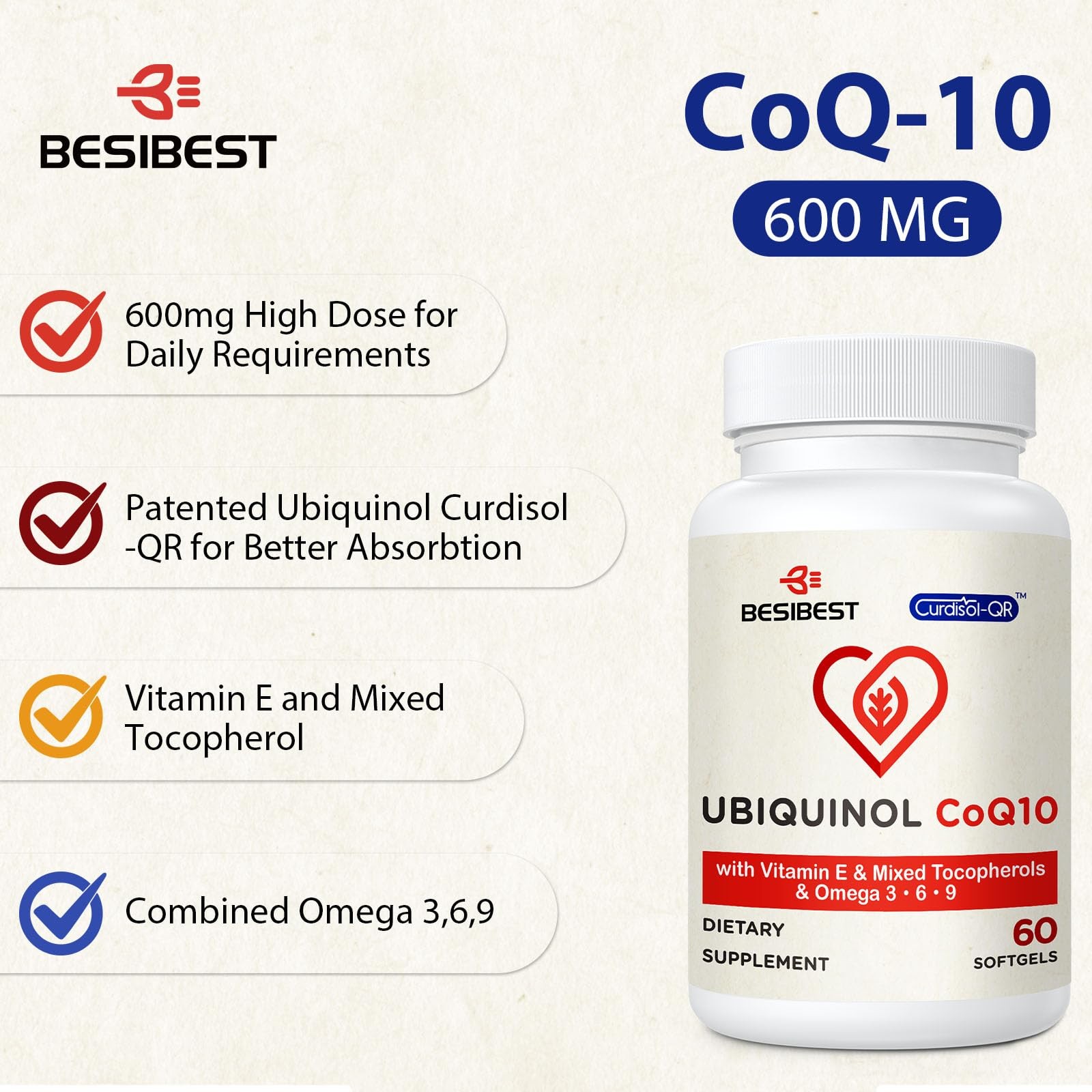 Ubiquinol CoQ10-600mg-Softgel, Active Coq10 Ubiquinol Supplement with Vitamin E