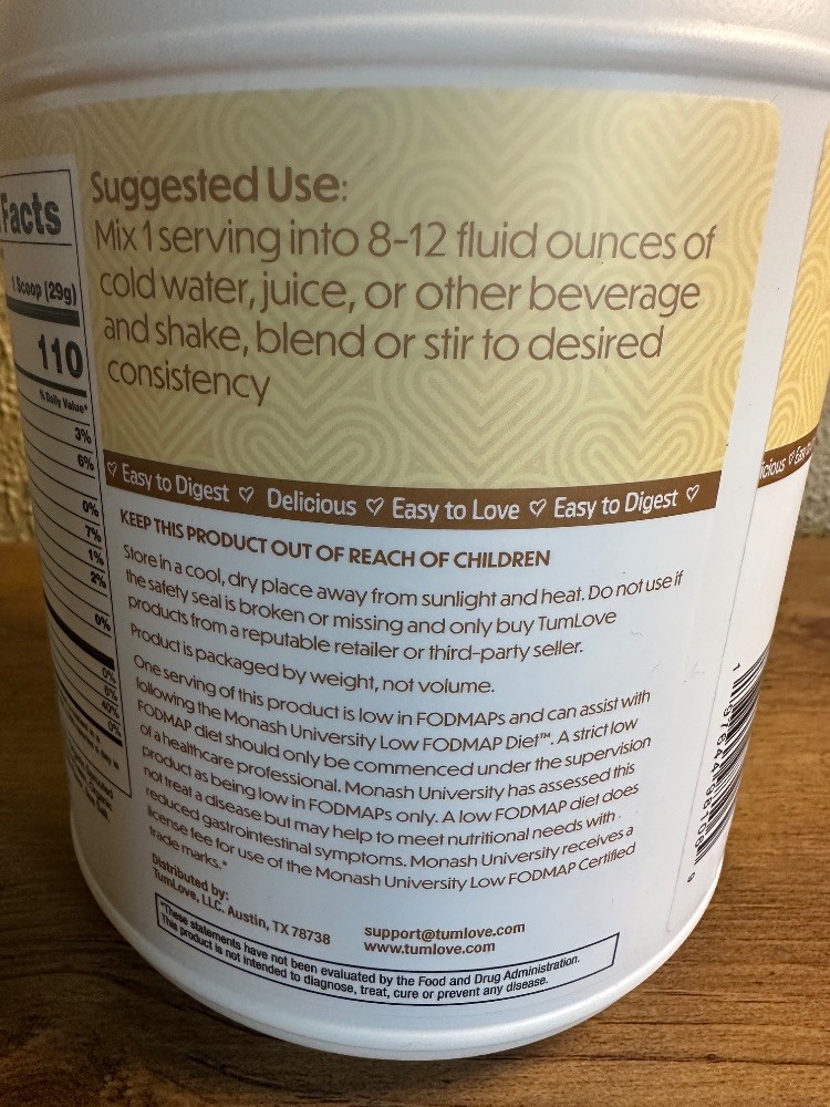 TumLove Gut-Friendly Protein Powder Vanilla Low FODMAP Vegan 1.6 LBS 25 Servings