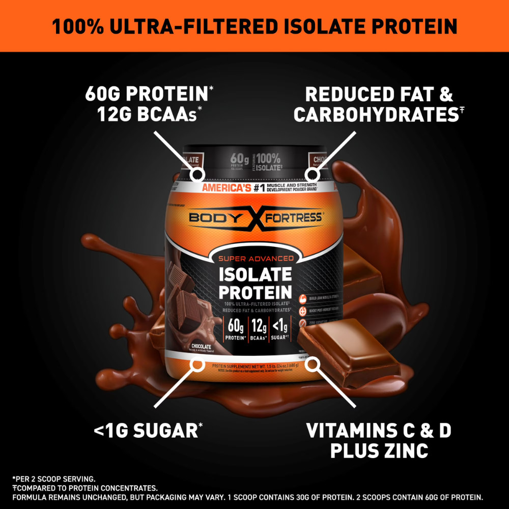 Body Fortress Isolate Protein Powder, Chocolate 1.5 lbs, 60g High Protein, BCAAs